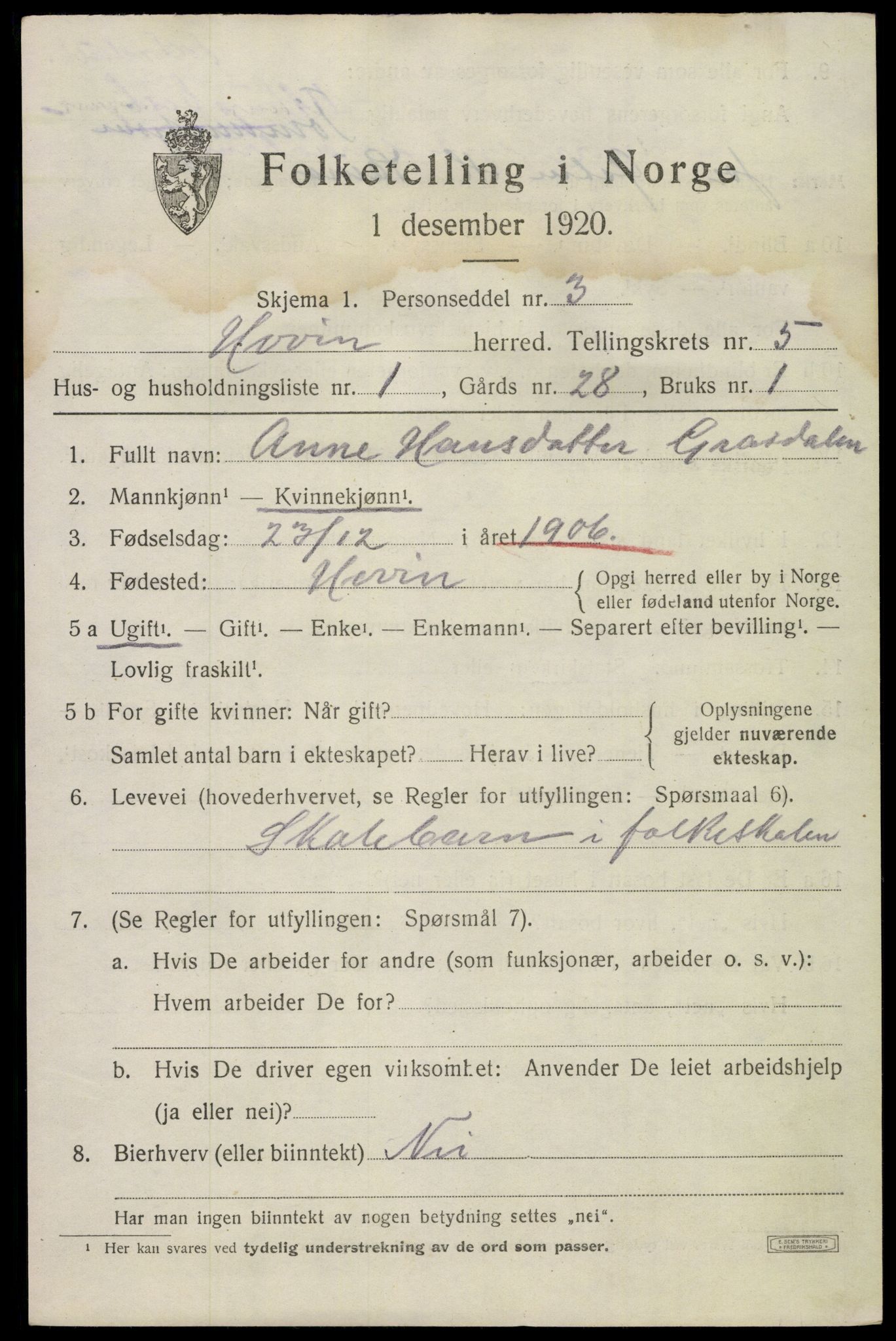 SAKO, 1920 census for Hovin, 1920, p. 1327