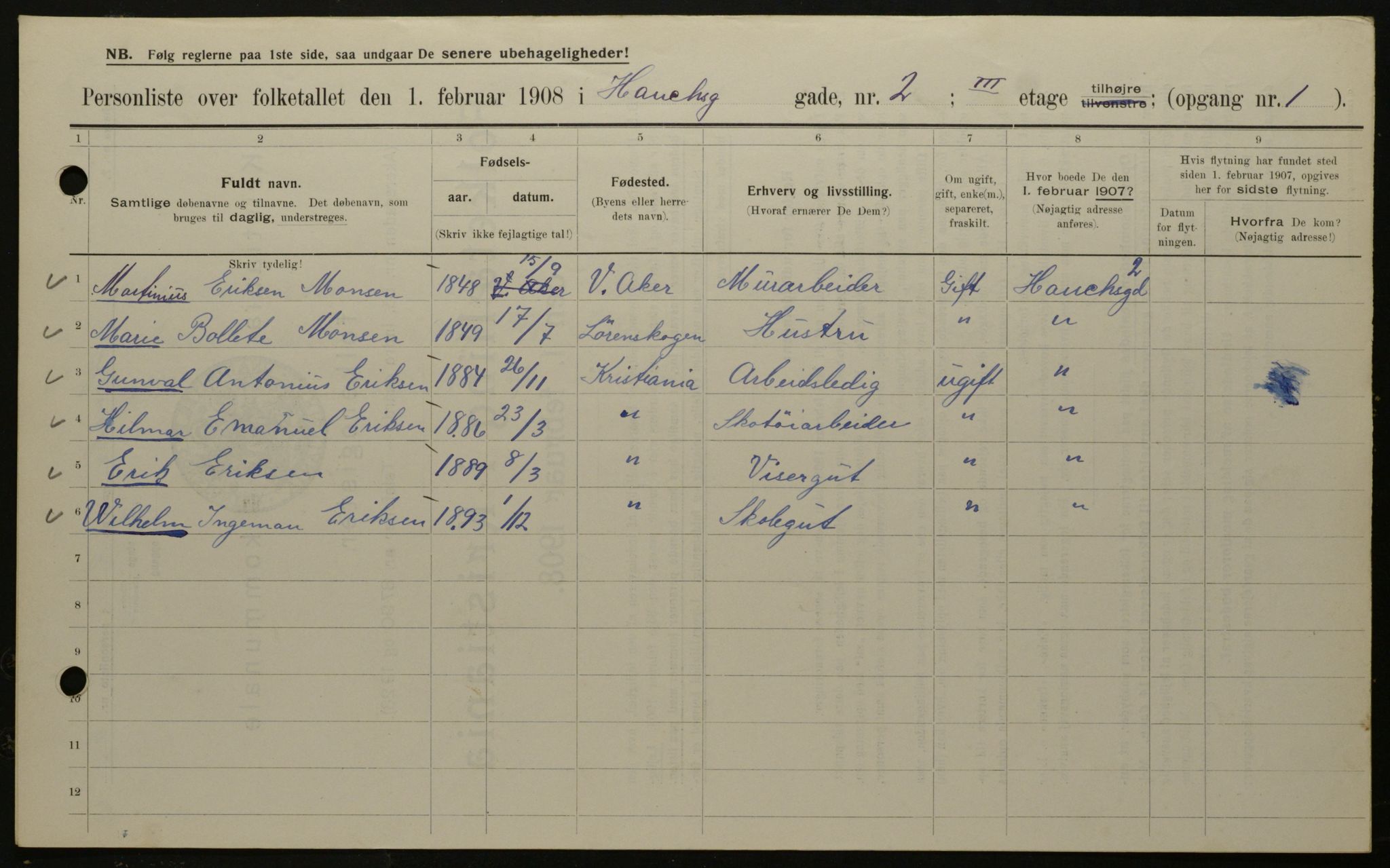 OBA, Municipal Census 1908 for Kristiania, 1908, p. 31622