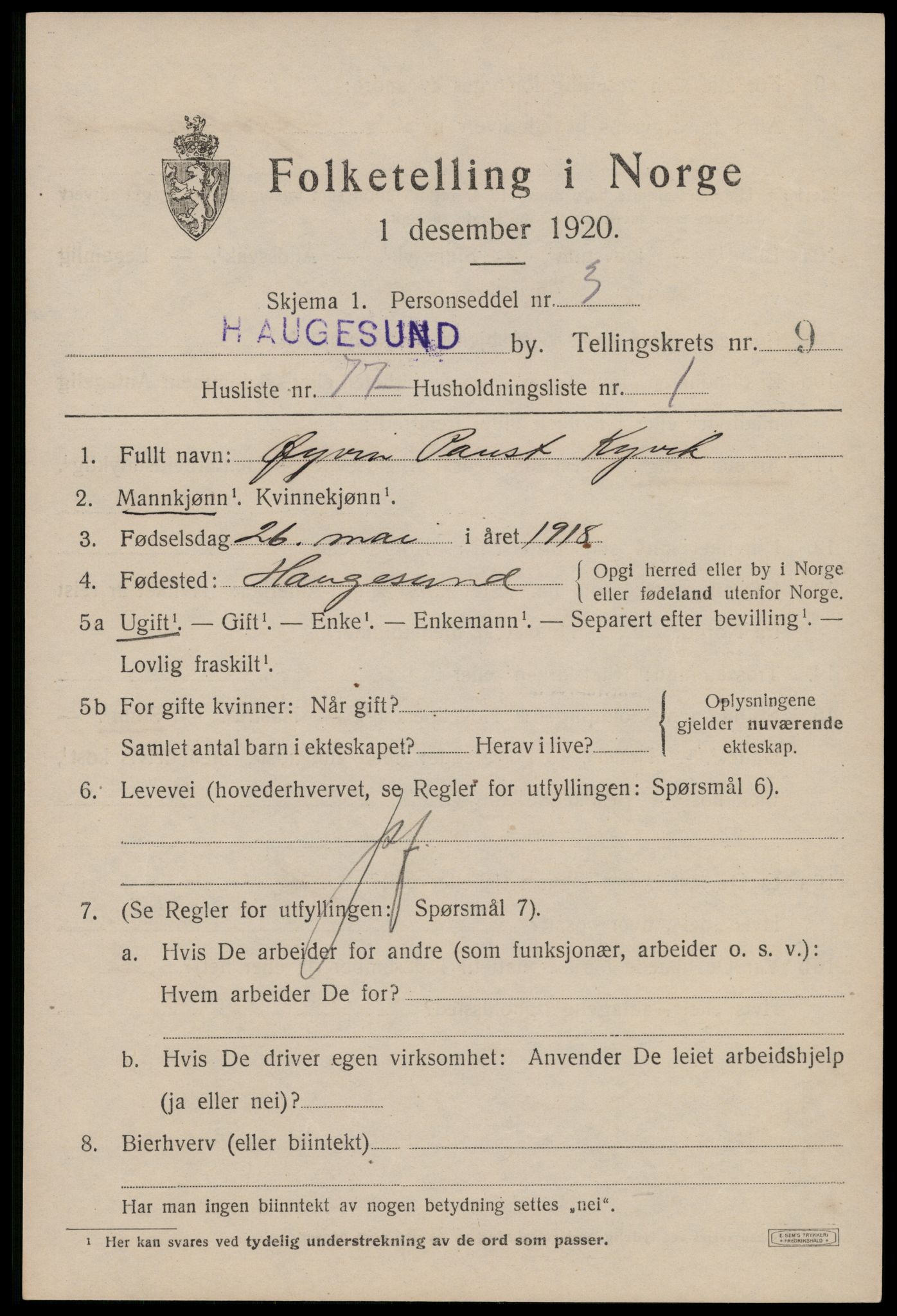 SAST, 1920 census for Haugesund, 1920, p. 33575