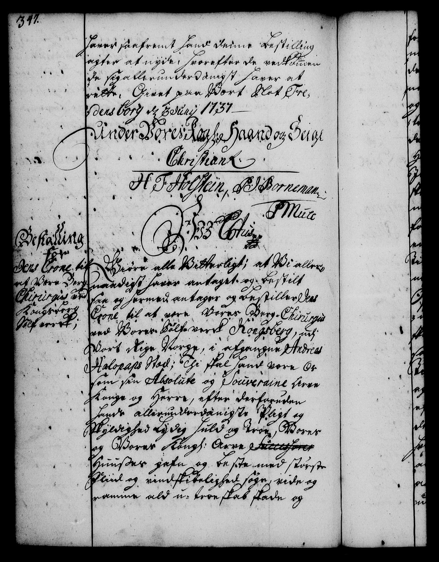 Rentekammeret, Kammerkanselliet, RA/EA-3111/G/Gg/Gge/L0002: Norsk bestallingsprotokoll med register (merket RK 53.26), 1730-1744, p. 347