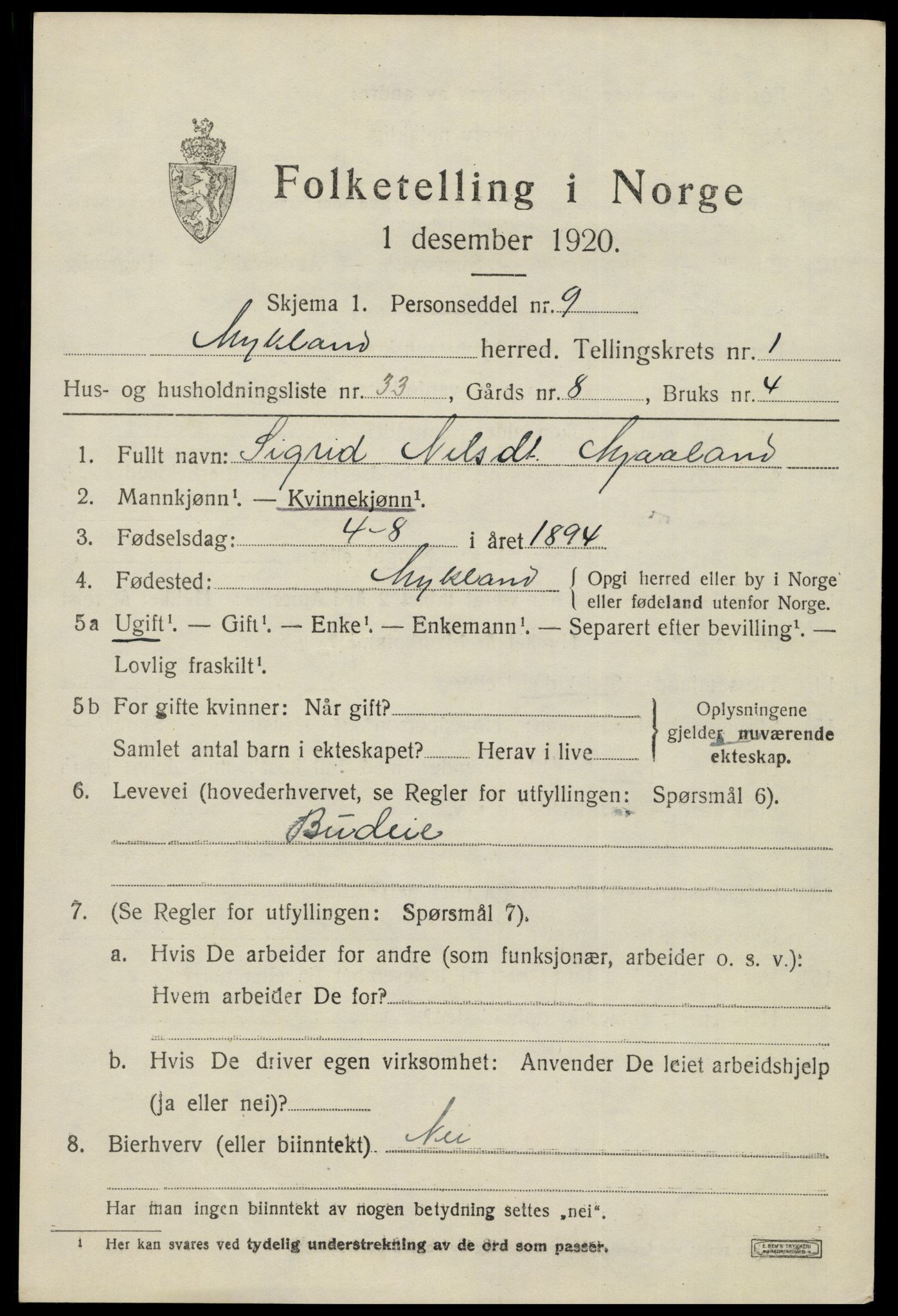 SAK, 1920 census for Mykland, 1920, p. 698