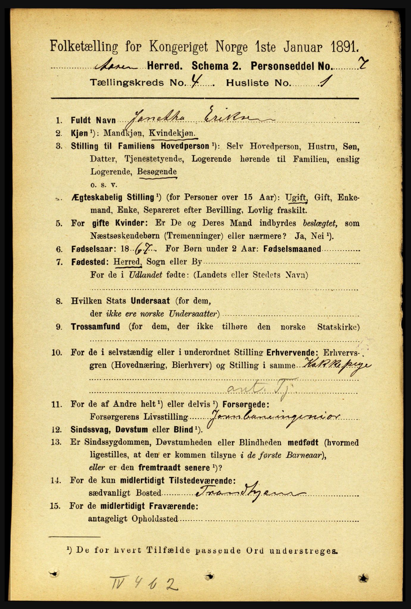 RA, 1891 census for 1716 Åsen, 1891, p. 1422