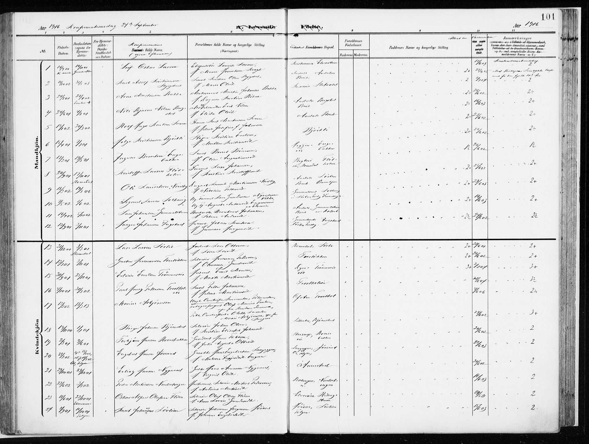 Løten prestekontor, SAH/PREST-022/K/Ka/L0011: Parish register (official) no. 11, 1908-1917, p. 101