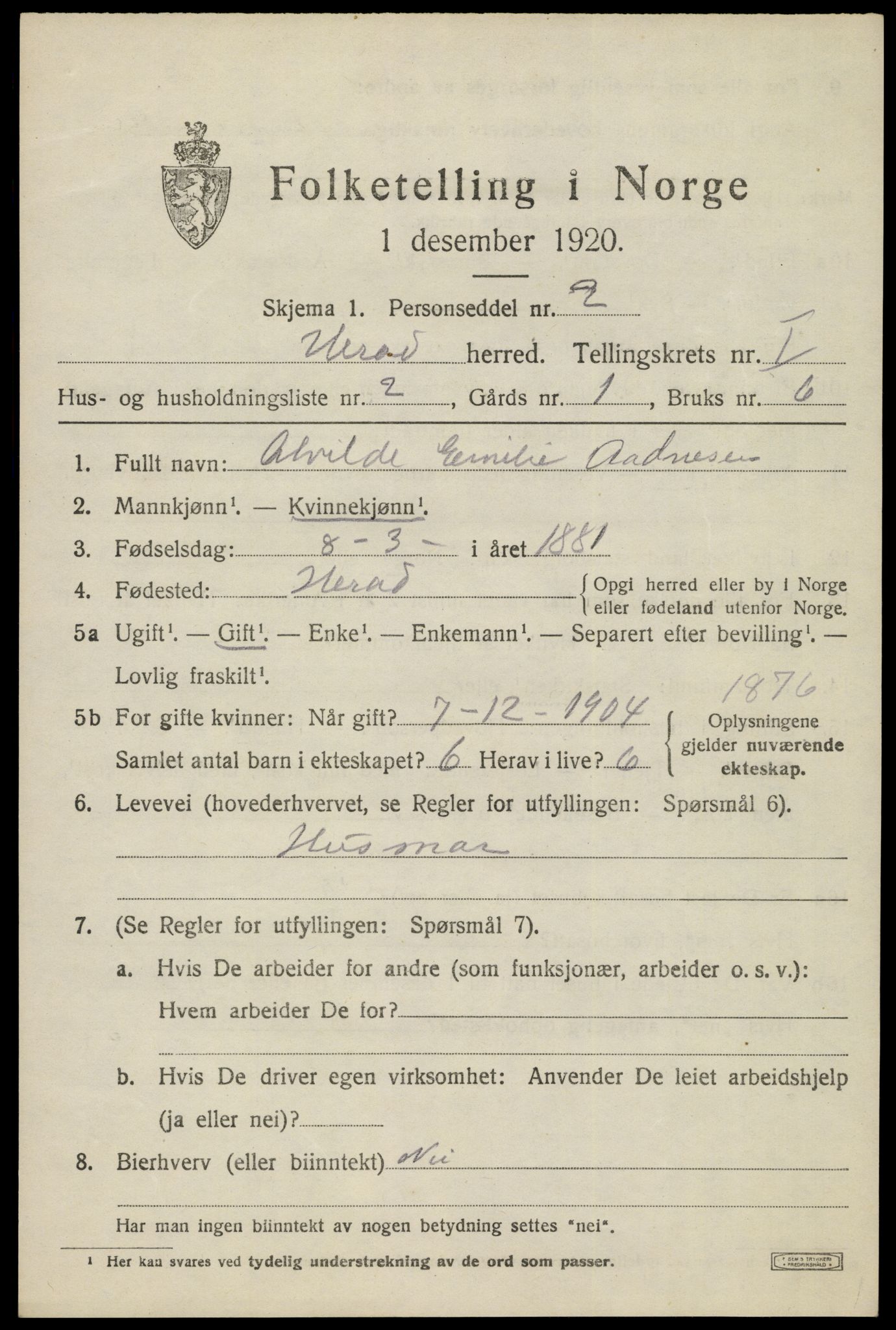 SAK, 1920 census for Herad, 1920, p. 440