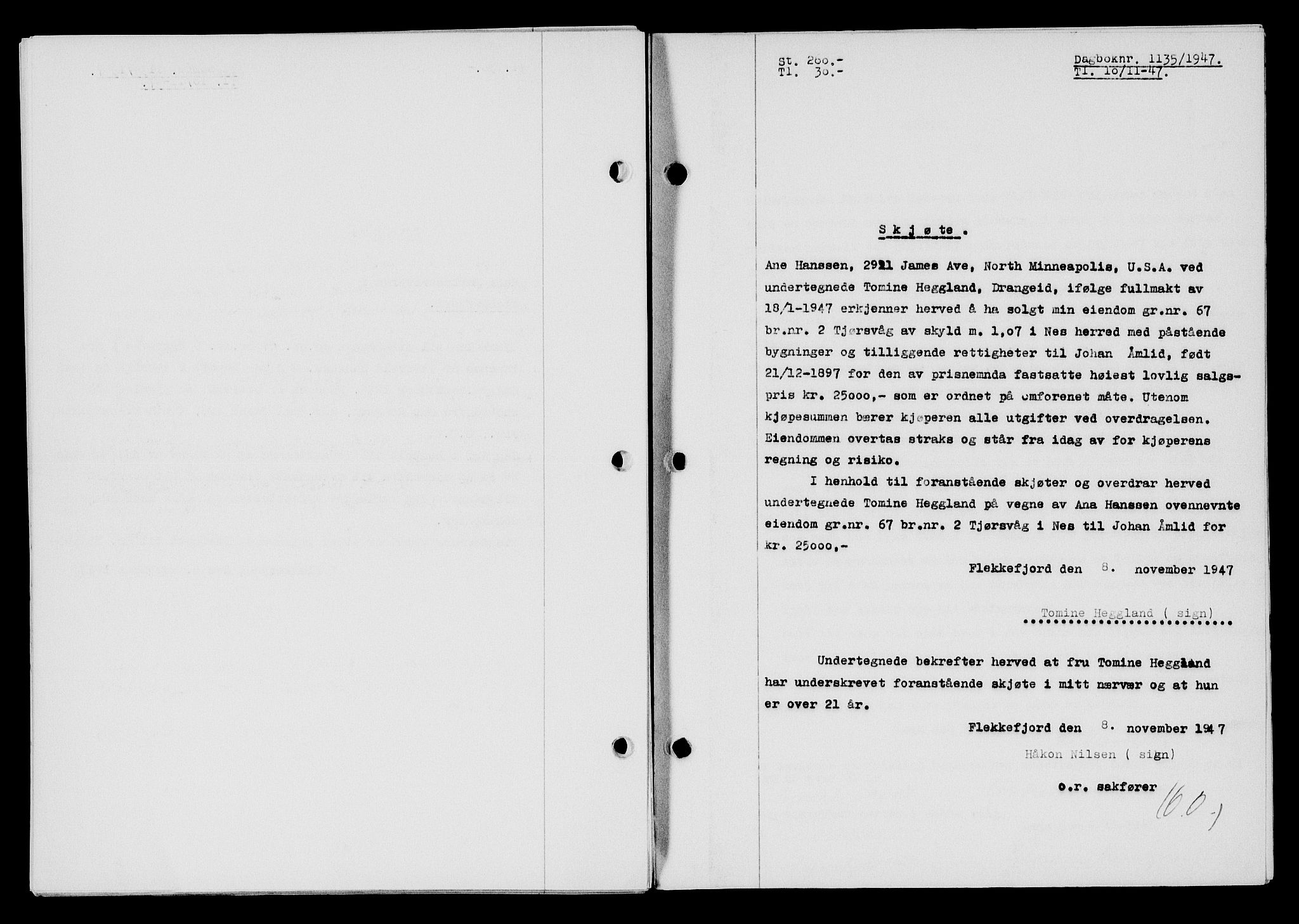 Flekkefjord sorenskriveri, SAK/1221-0001/G/Gb/Gba/L0063: Mortgage book no. A-11, 1947-1948, Diary no: : 1135/1947