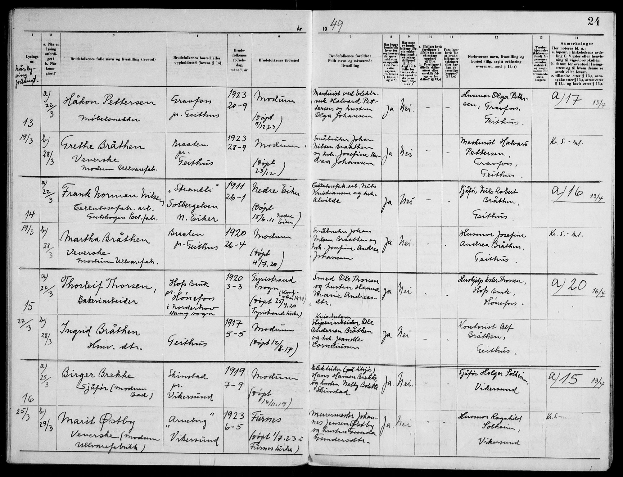 Modum kirkebøker, AV/SAKO-A-234/H/Ha/L0005: Banns register no. I 5, 1949-1953, p. 24