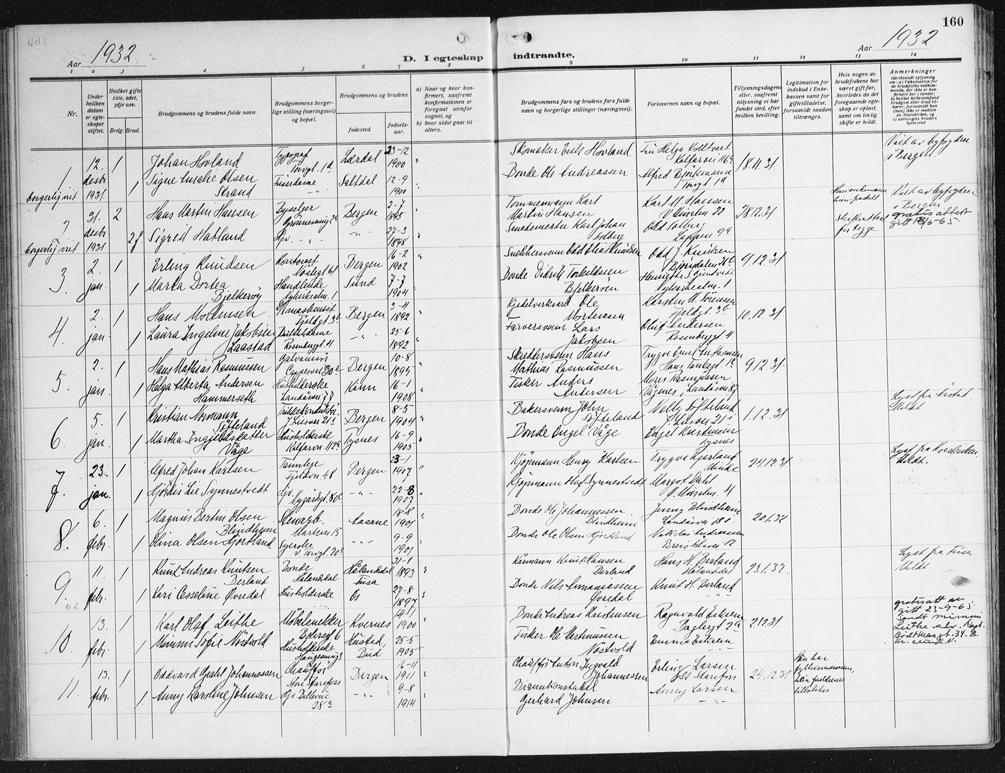 Domkirken sokneprestembete, SAB/A-74801/H/Haa/L0039: Parish register (official) no. D 6, 1921-1937, p. 160