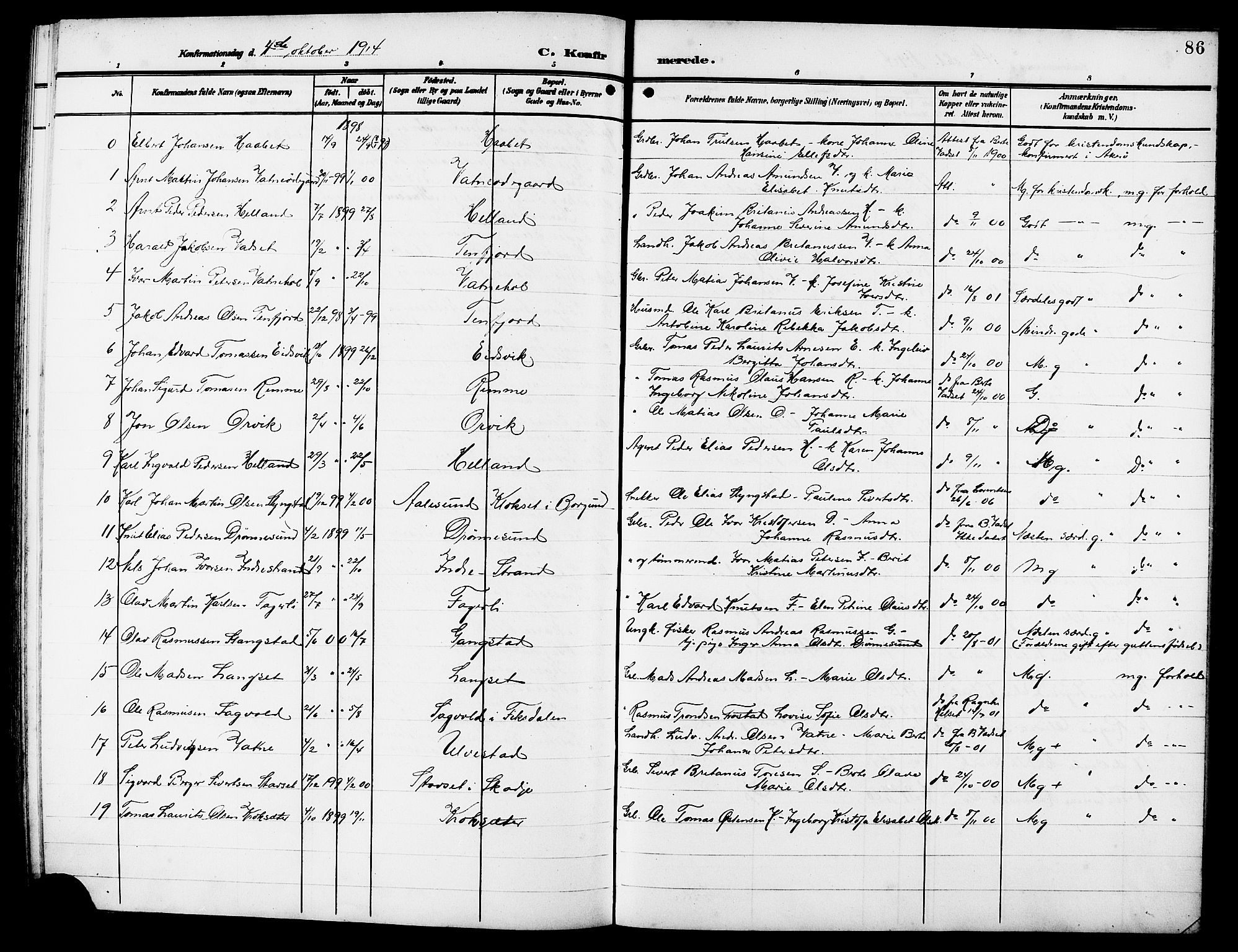 Ministerialprotokoller, klokkerbøker og fødselsregistre - Møre og Romsdal, AV/SAT-A-1454/525/L0377: Parish register (copy) no. 525C03, 1903-1917, p. 86