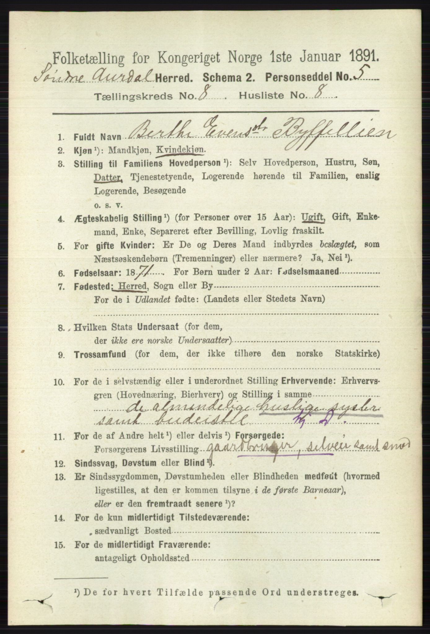 RA, 1891 census for 0540 Sør-Aurdal, 1891, p. 4910