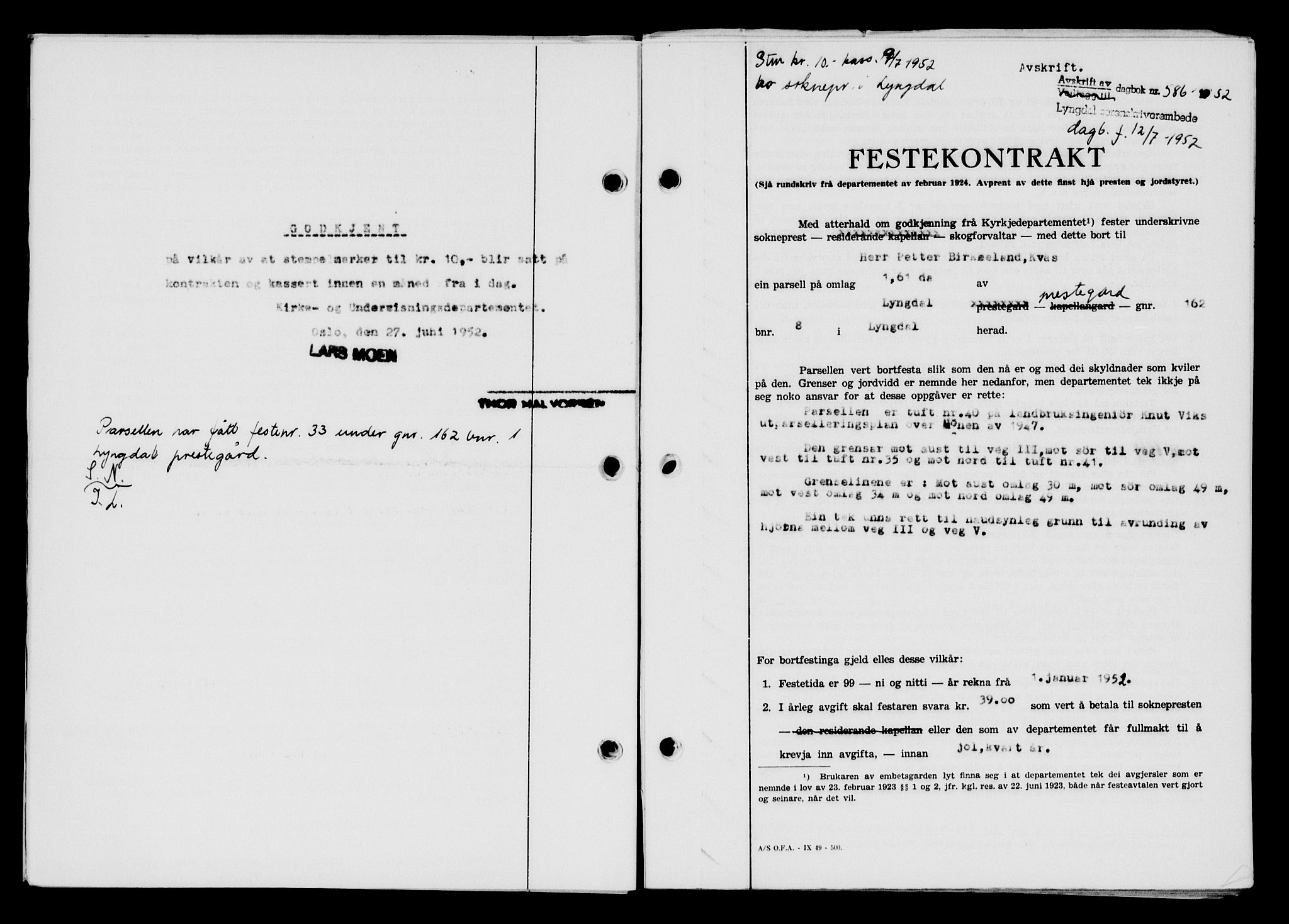 Lyngdal sorenskriveri, AV/SAK-1221-0004/G/Gb/L0667: Mortgage book no. A XIII, 1951-1952, Diary no: : 586/1952