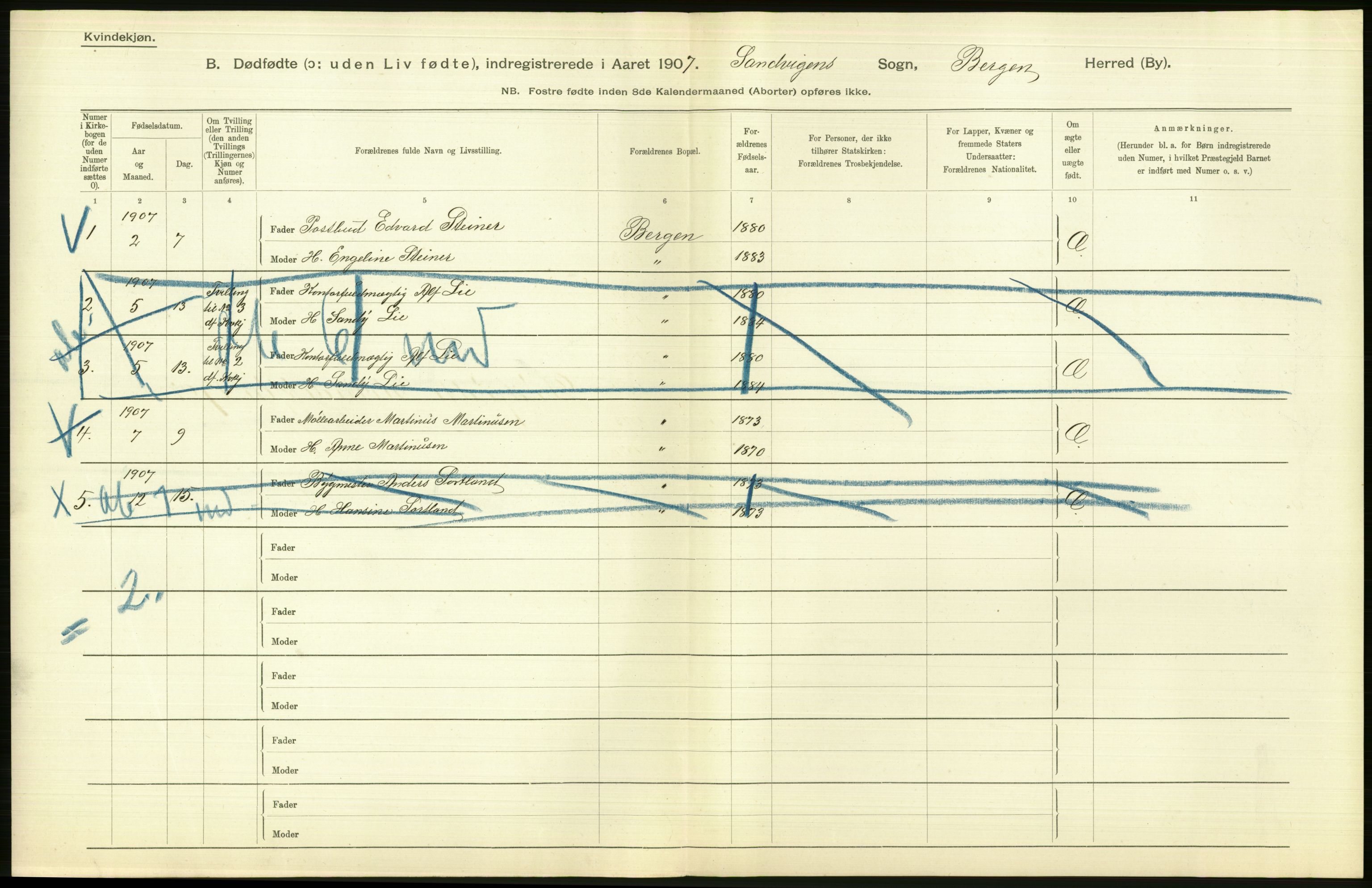 Statistisk sentralbyrå, Sosiodemografiske emner, Befolkning, AV/RA-S-2228/D/Df/Dfa/Dfae/L0031: Bergen: gifte, døde, dødfødte., 1907, p. 450