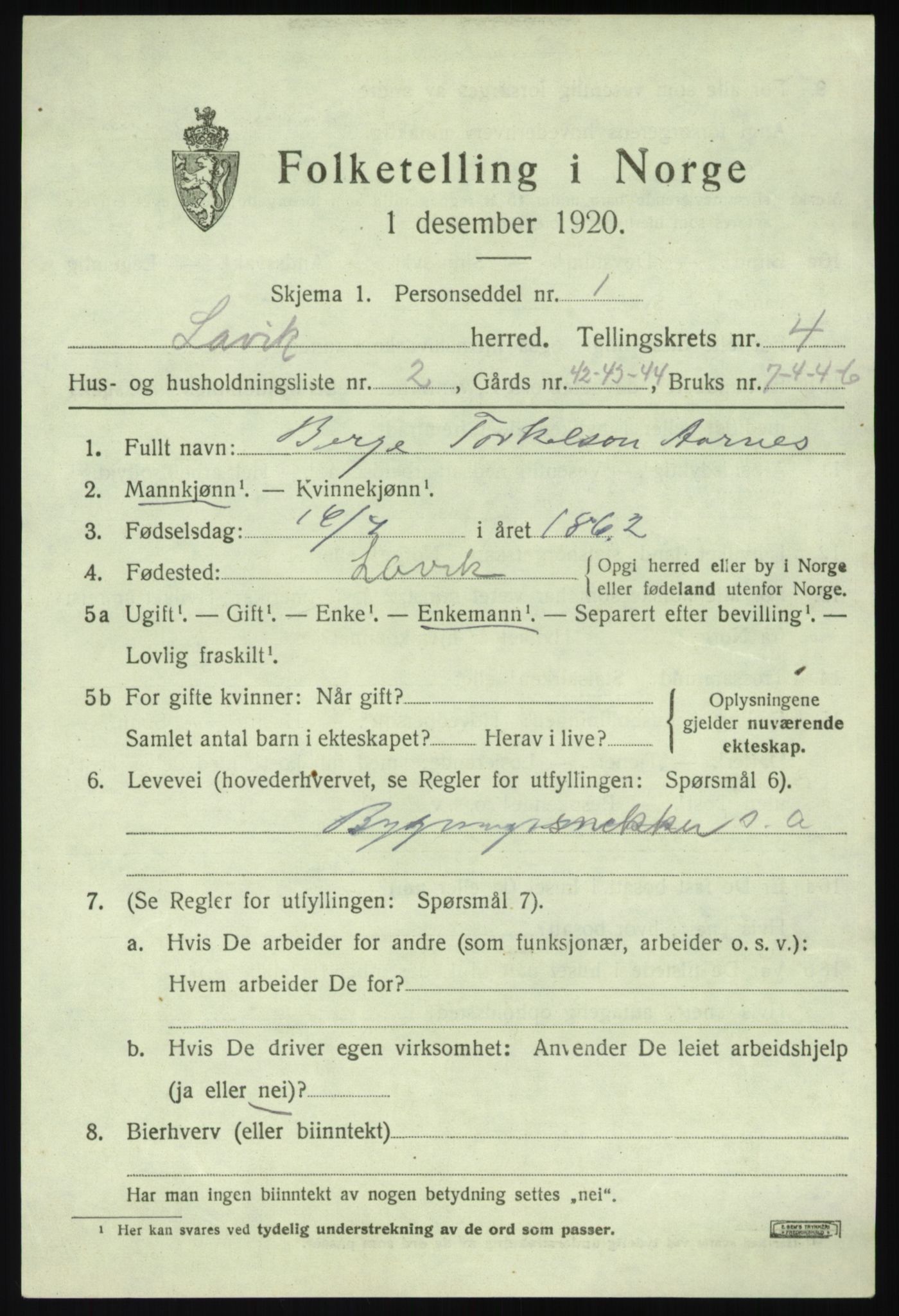 SAB, 1920 census for Lavik, 1920, p. 756