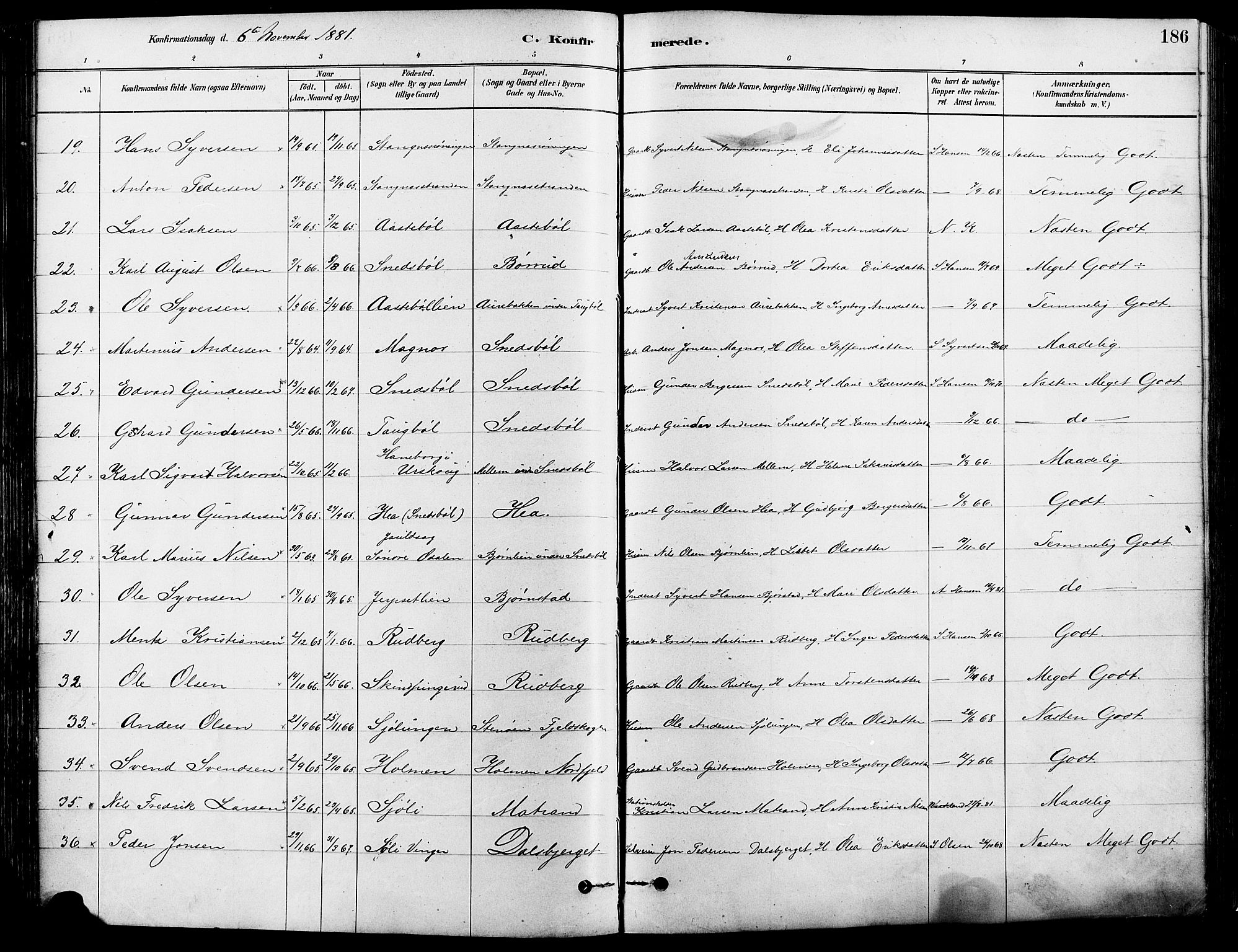 Eidskog prestekontor, AV/SAH-PREST-026/H/Ha/Haa/L0003: Parish register (official) no. 3, 1879-1892, p. 186