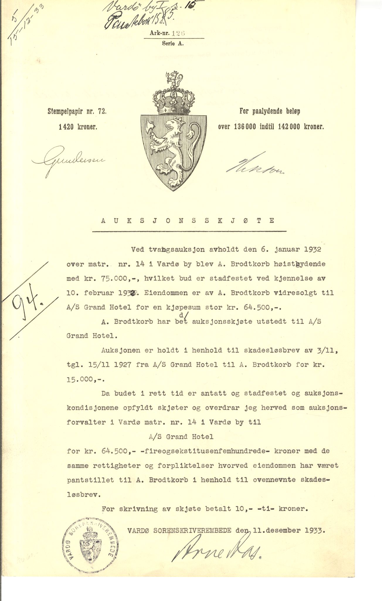 Brodtkorb handel A/S, VAMU/A-0001/Q/Qb/L0002: Skjøter og grunnbrev i Vardø by, 1852-1949, p. 44