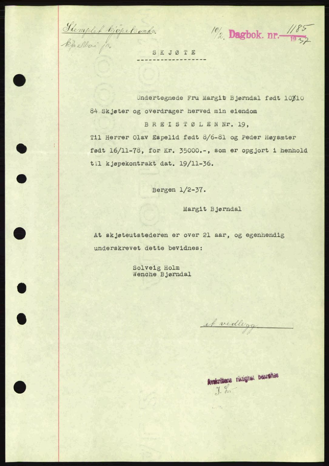 Byfogd og Byskriver i Bergen, SAB/A-3401/03/03Bc/L0004: Mortgage book no. A3-4, 1936-1937, Diary no: : 1185/1937