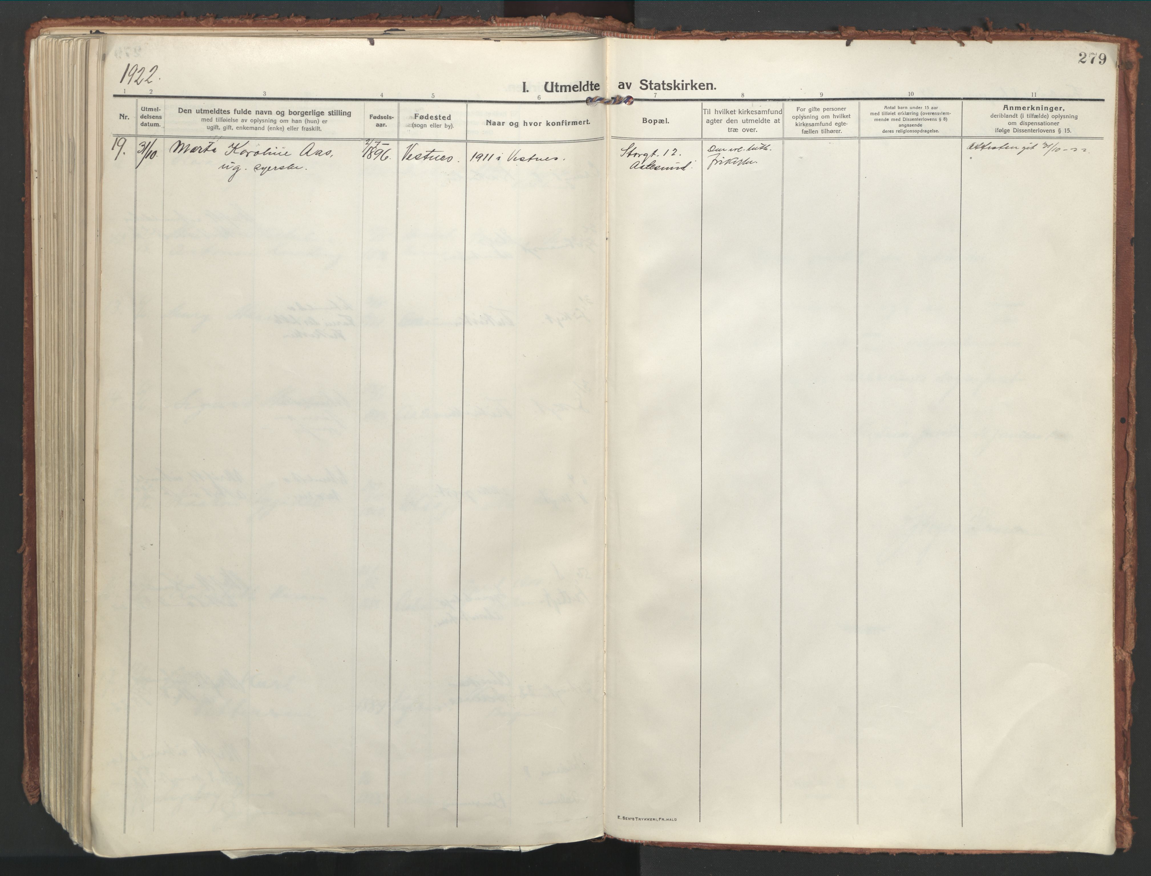 Ministerialprotokoller, klokkerbøker og fødselsregistre - Møre og Romsdal, AV/SAT-A-1454/529/L0462: Parish register (official) no. 529A12, 1917-1924, p. 279