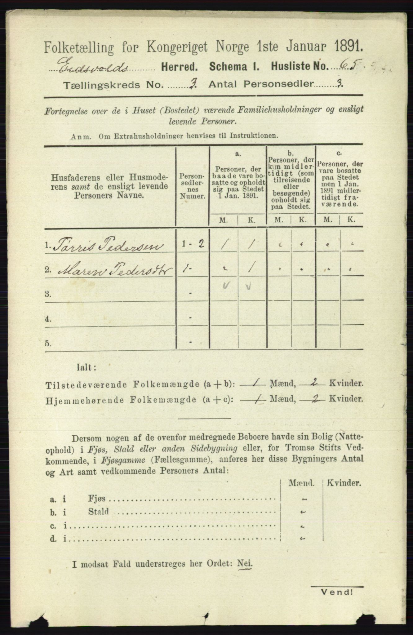 RA, 1891 census for 0237 Eidsvoll, 1891, p. 1584