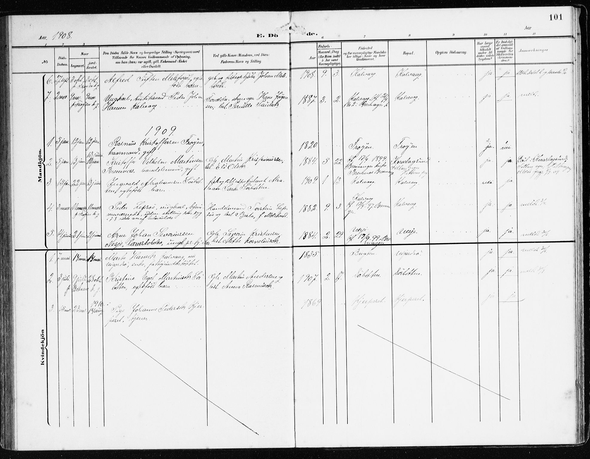 Bremanger sokneprestembete, SAB/A-82201/H/Haa/Haab/L0003: Parish register (official) no. B 3, 1908-1925, p. 101