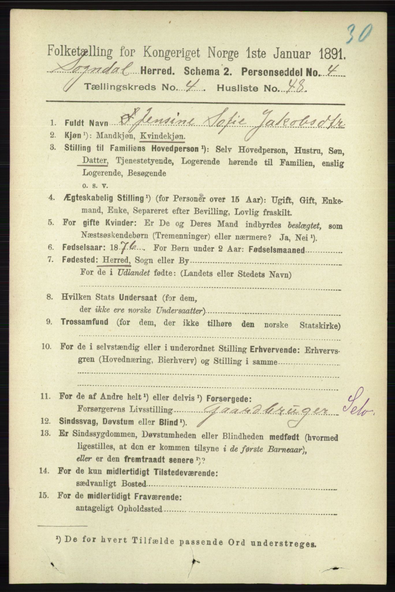 RA, 1891 census for 1111 Sokndal, 1891, p. 1272