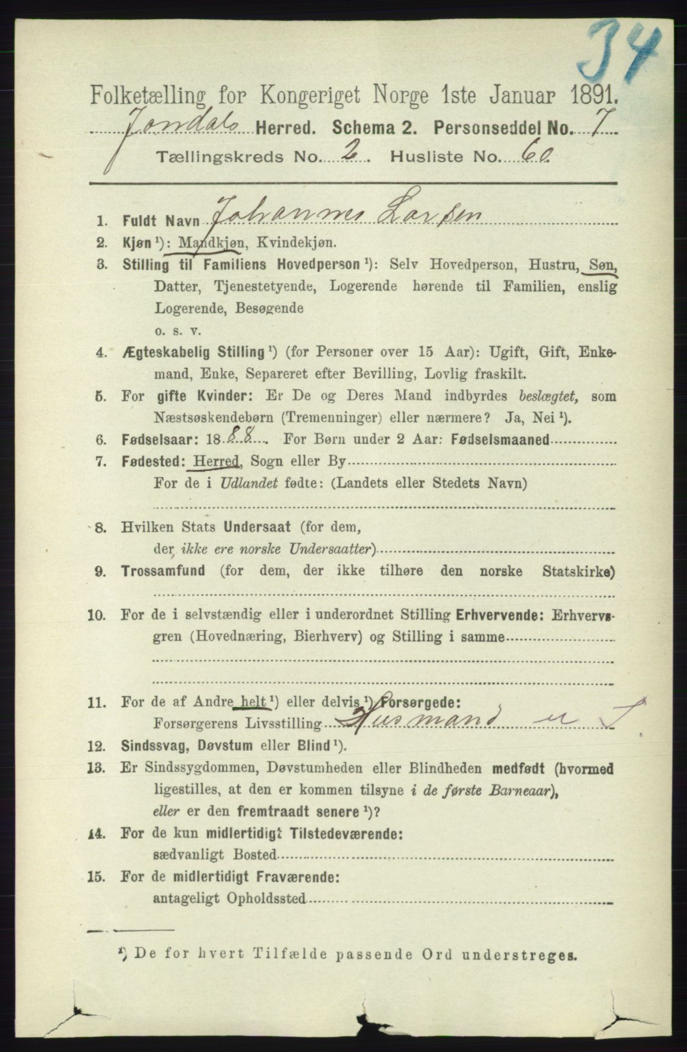 RA, 1891 census for 1227 Jondal, 1891, p. 1176