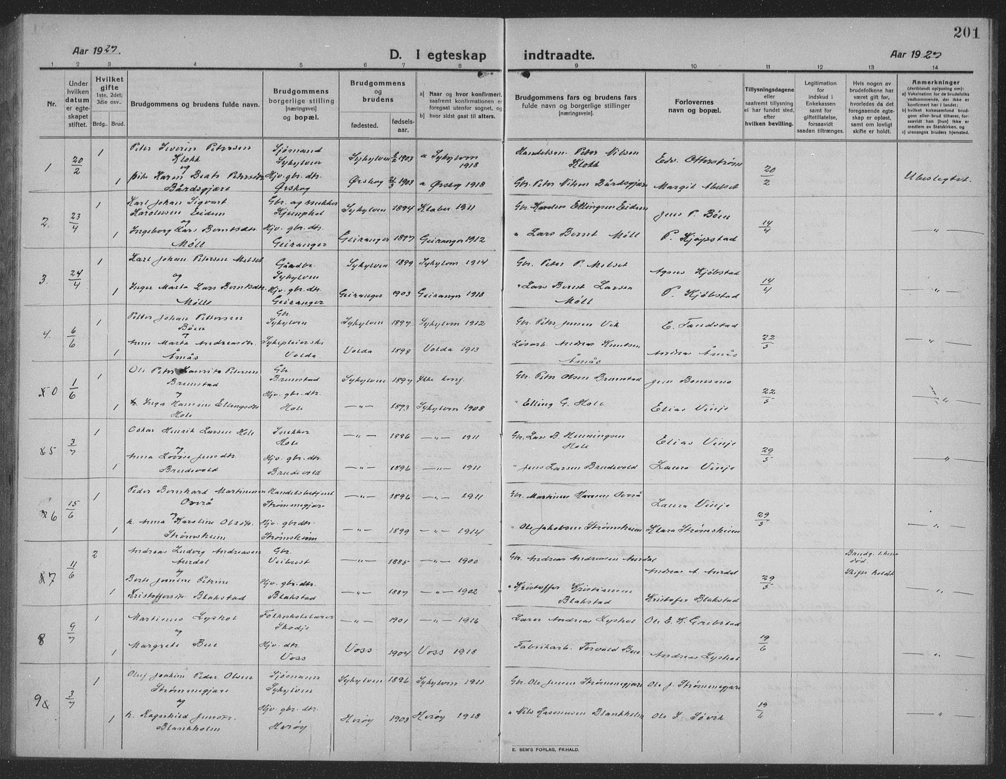 Ministerialprotokoller, klokkerbøker og fødselsregistre - Møre og Romsdal, AV/SAT-A-1454/523/L0342: Parish register (copy) no. 523C05, 1916-1937, p. 201