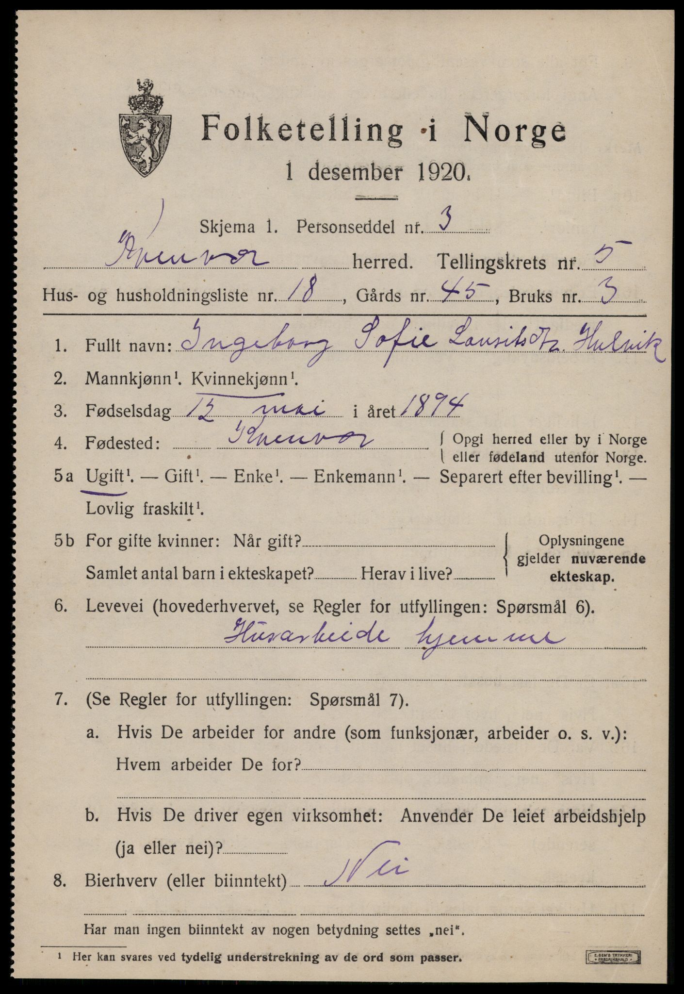 SAT, 1920 census for Kvenvær, 1920, p. 2098