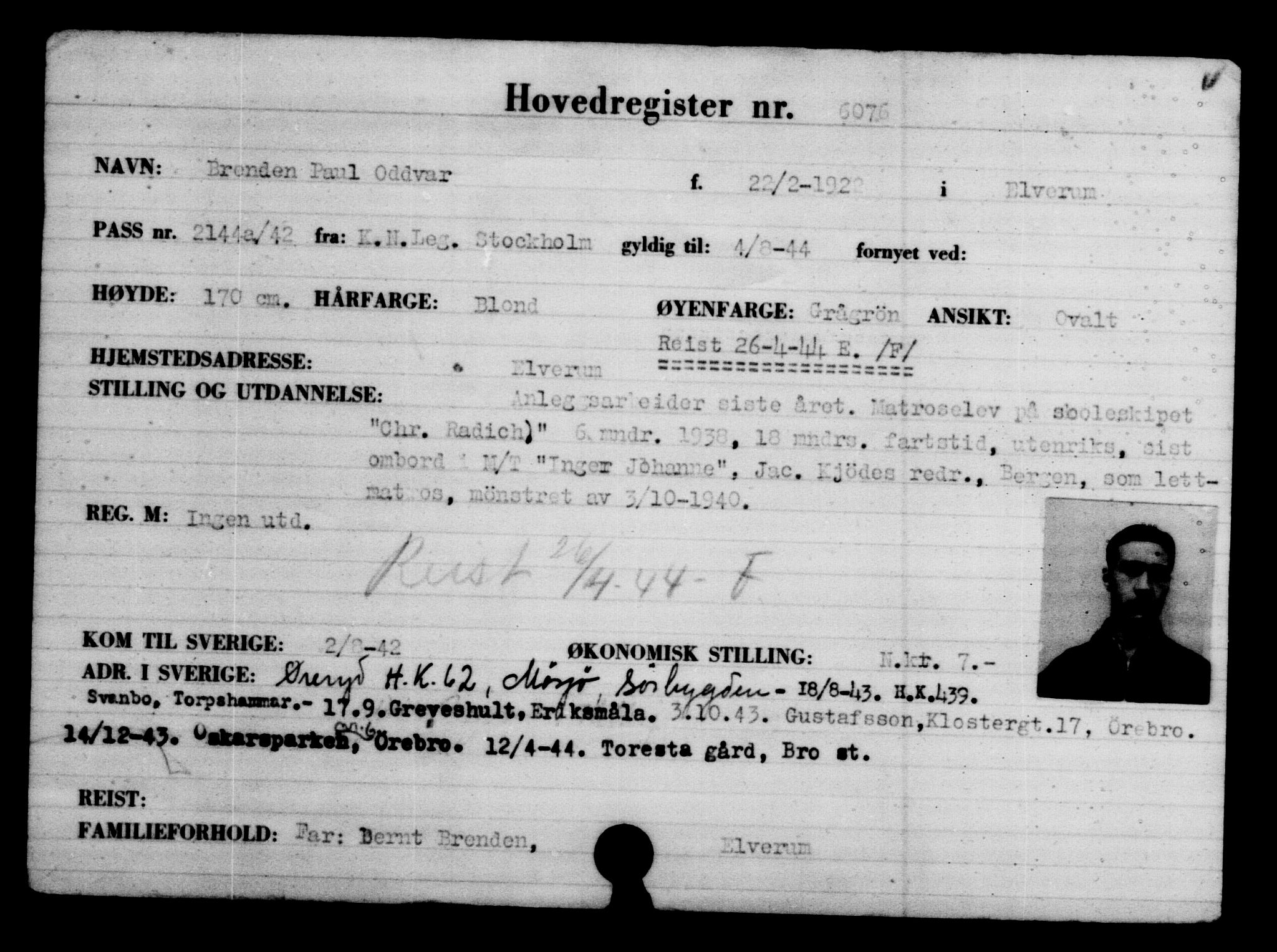 Utenriksstasjonene, Legasjonen i Stockholm, Flyktningkontoret, AV/RA-S-6753/V/Va/L0004: Kjesäterkartoteket, flyktninger med registreringsnr. 3496-6610, 1940-1945, p. 3024