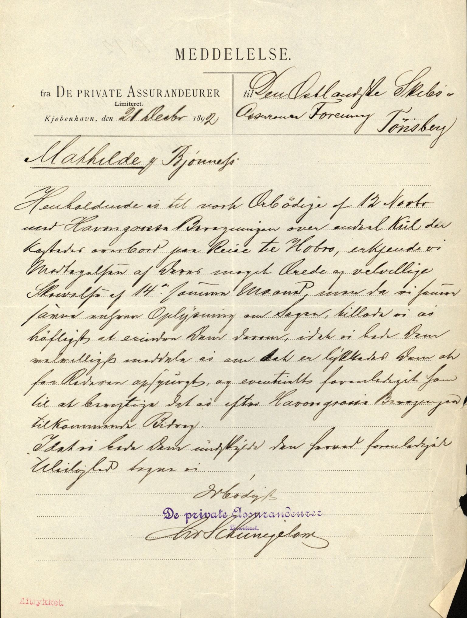 Pa 63 - Østlandske skibsassuranceforening, VEMU/A-1079/G/Ga/L0028/0003: Havaridokumenter / Minerva, Mathilde, Magnolia, Sir John Lawrence, 1892, p. 87