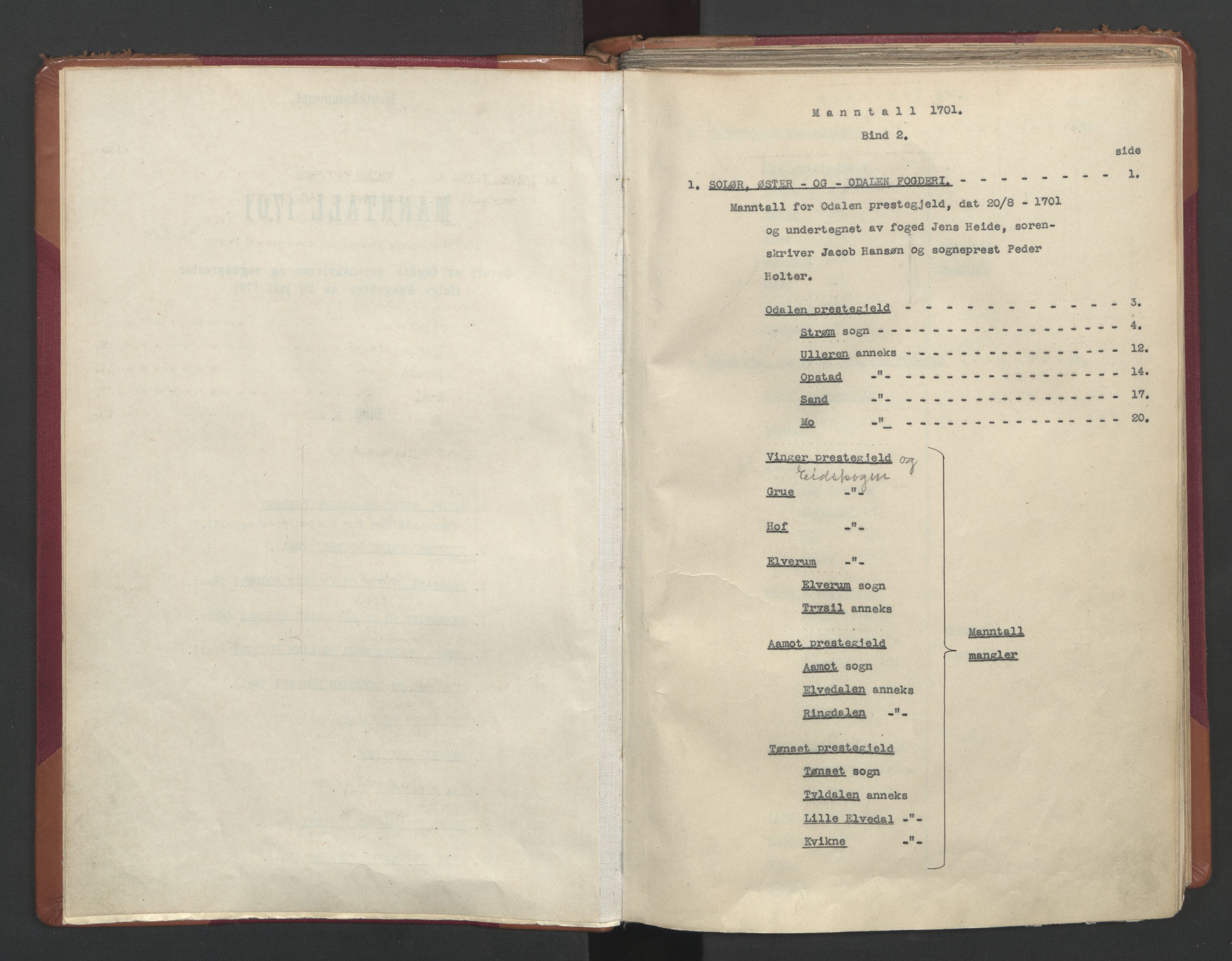 RA, Census (manntall) 1701, no. 2: Solør, Odal og Østerdal fogderi and Larvik grevskap, 1701