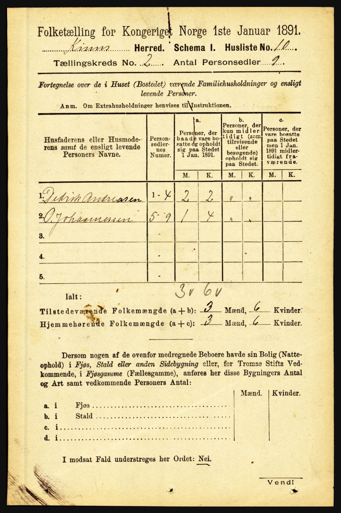 RA, 1891 census for 1437 Kinn, 1891, p. 486