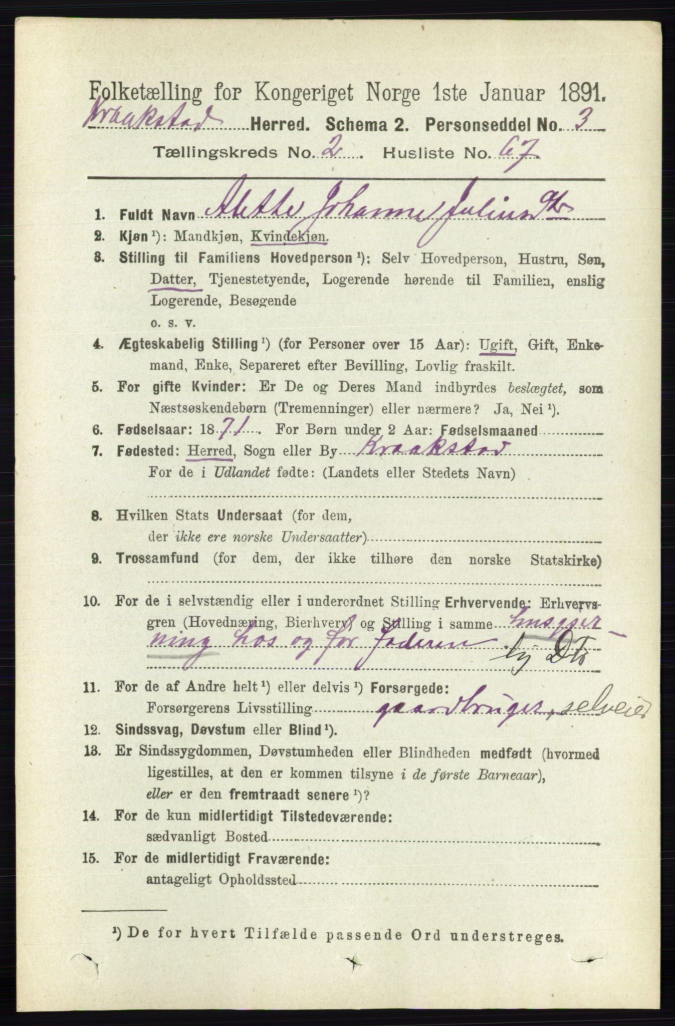 RA, 1891 census for 0212 Kråkstad, 1891, p. 1107