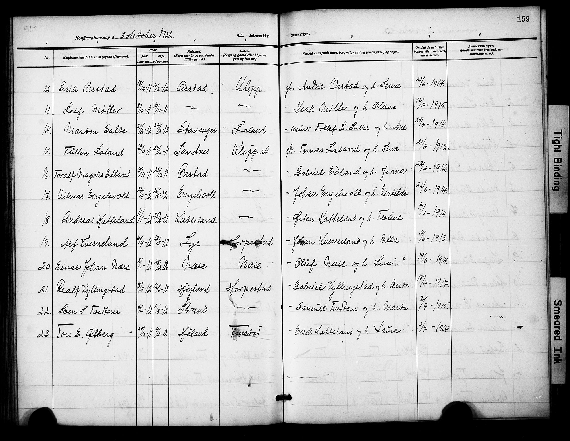 Klepp sokneprestkontor, AV/SAST-A-101803/001/3/30BB/L0007: Parish register (copy) no. B 7, 1908-1934, p. 159