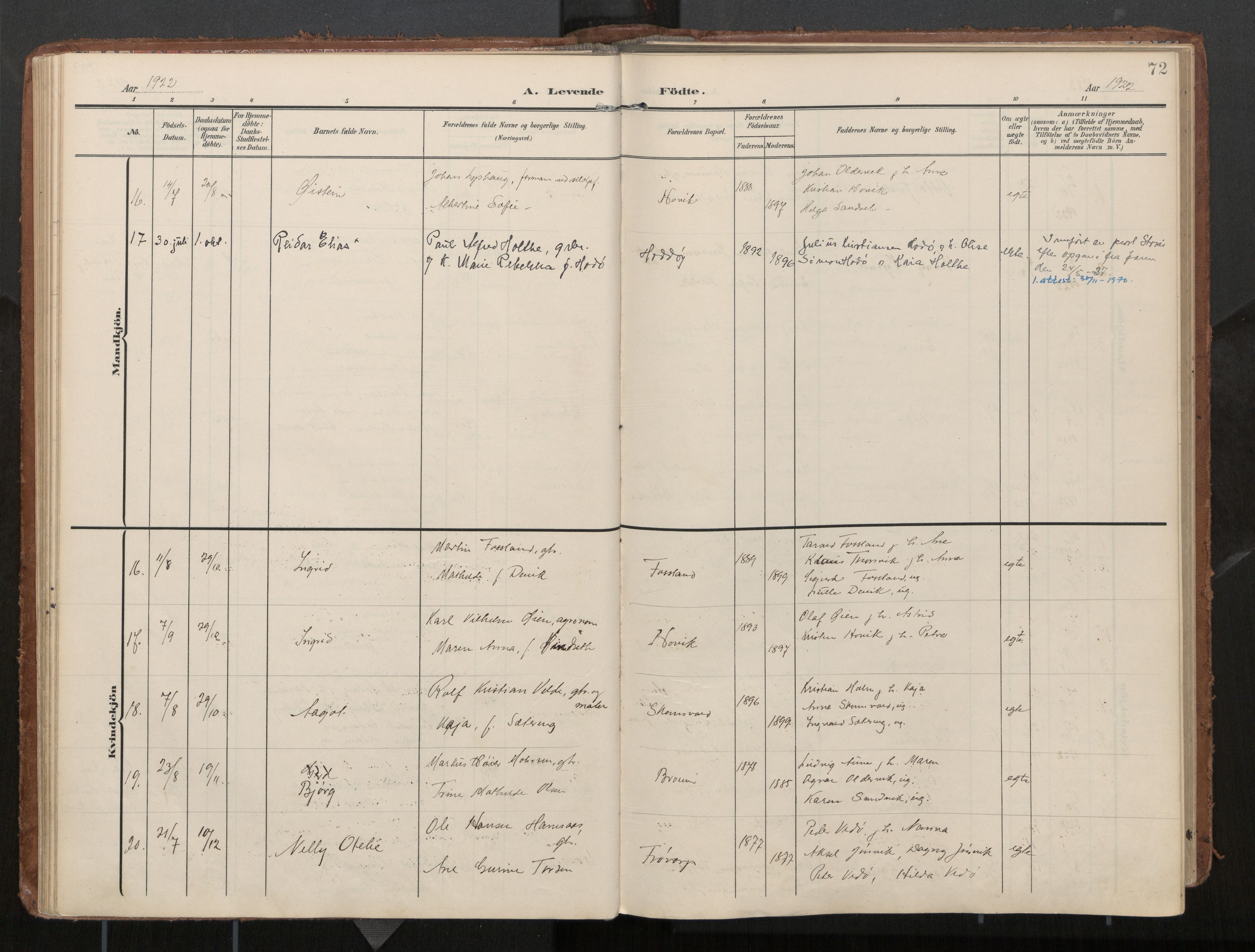 Ministerialprotokoller, klokkerbøker og fødselsregistre - Nord-Trøndelag, AV/SAT-A-1458/774/L0629: Parish register (official), 1904-1926, p. 72