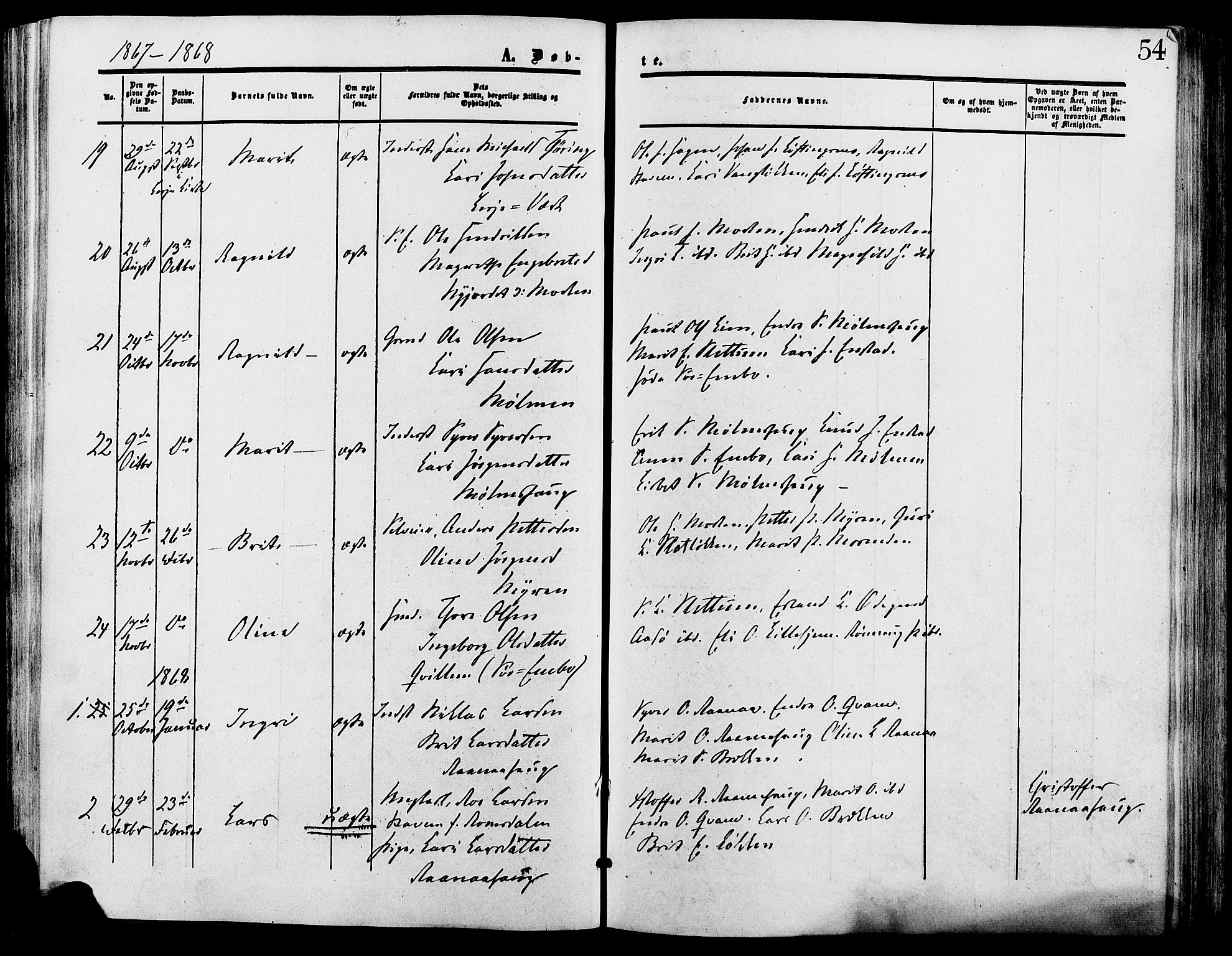 Lesja prestekontor, SAH/PREST-068/H/Ha/Haa/L0009: Parish register (official) no. 9, 1854-1889, p. 54