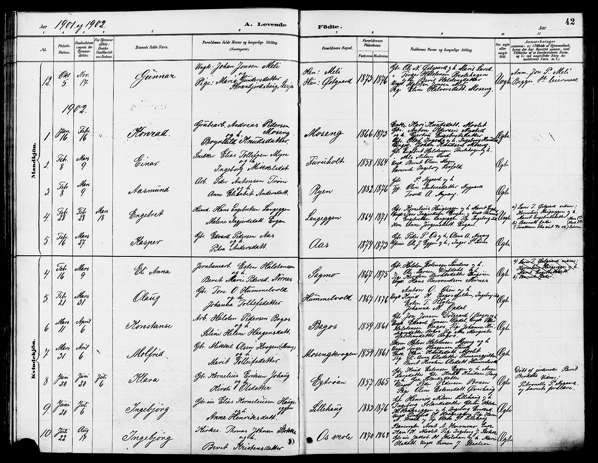 Tolga prestekontor, AV/SAH-PREST-062/L/L0008: Parish register (copy) no. 8, 1887-1912, p. 42