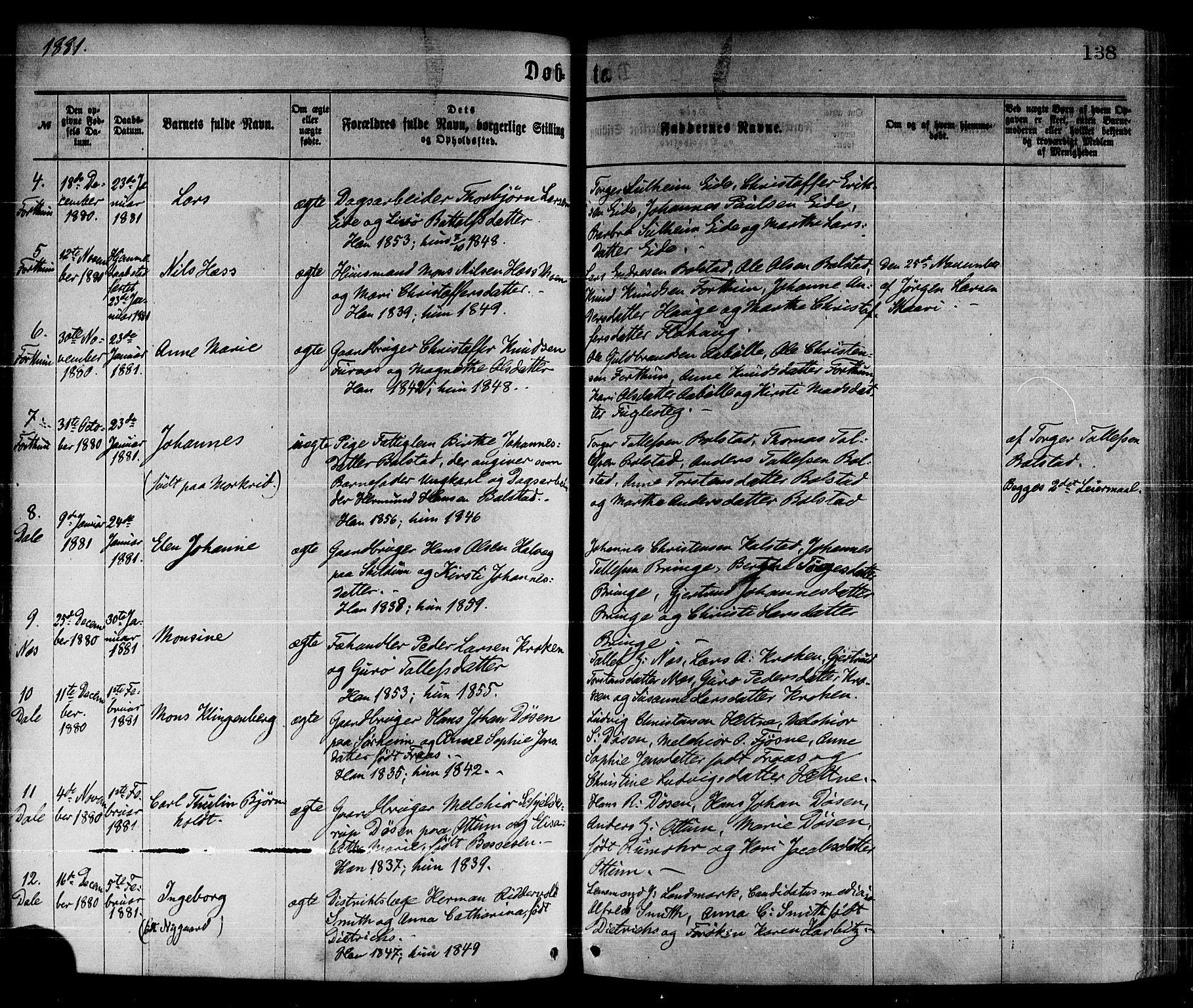 Luster sokneprestembete, AV/SAB-A-81101/H/Haa/Haaa/L0010: Parish register (official) no. A 10, 1871-1886, p. 138