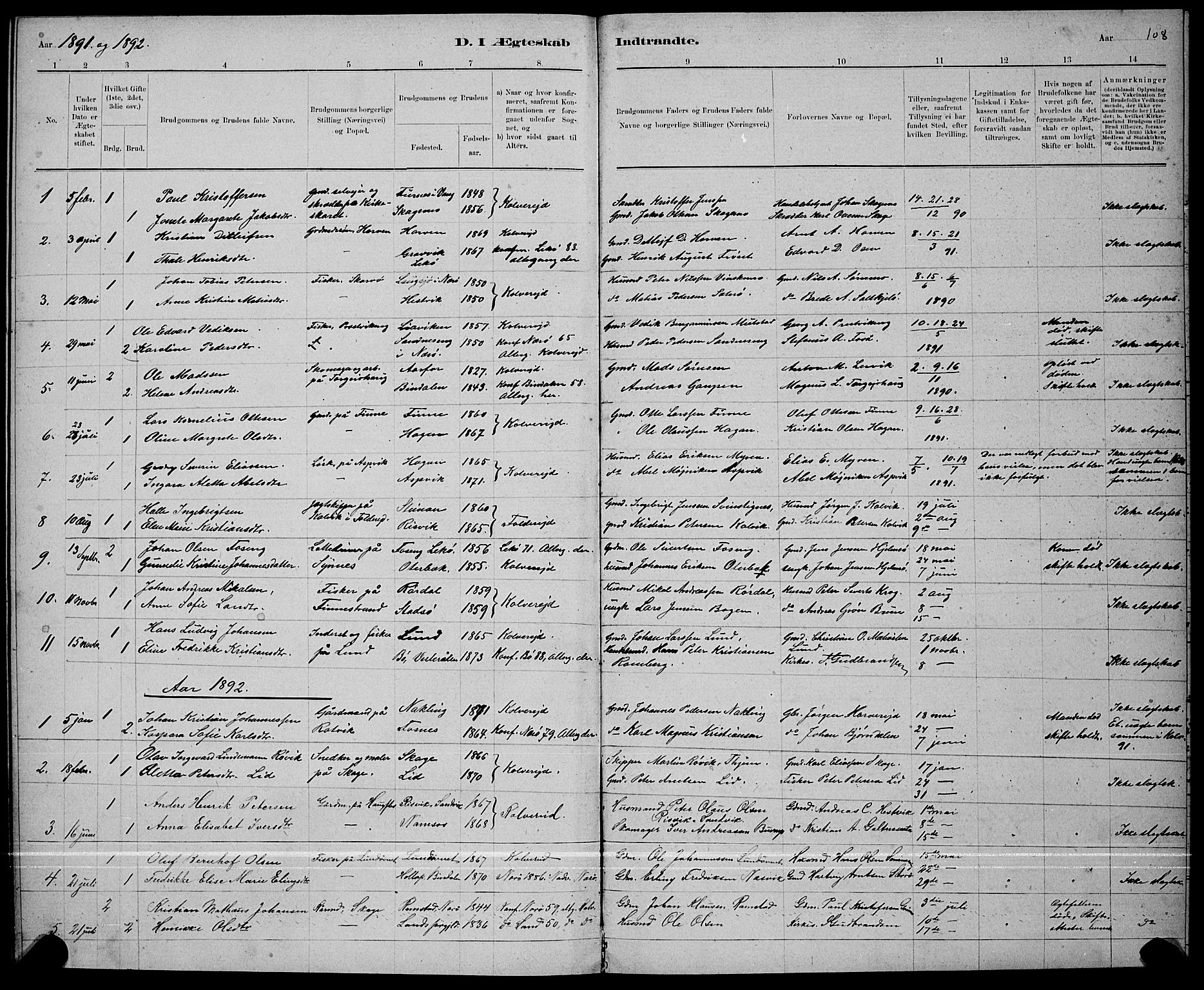 Ministerialprotokoller, klokkerbøker og fødselsregistre - Nord-Trøndelag, SAT/A-1458/780/L0651: Parish register (copy) no. 780C03, 1884-1898, p. 108
