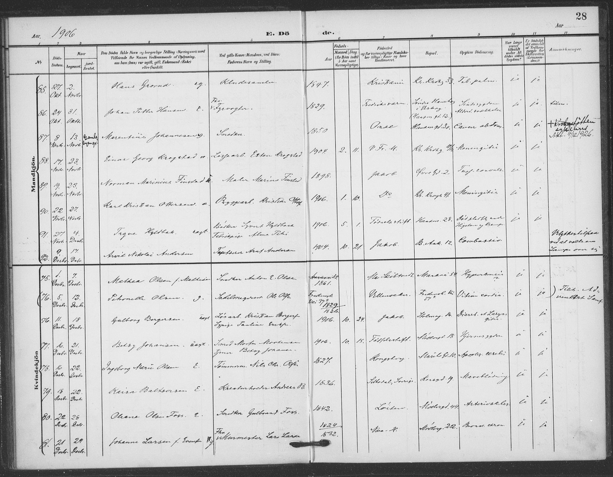 Jakob prestekontor Kirkebøker, SAO/A-10850/F/Fa/L0011: Parish register (official) no. 11, 1906-1920, p. 28