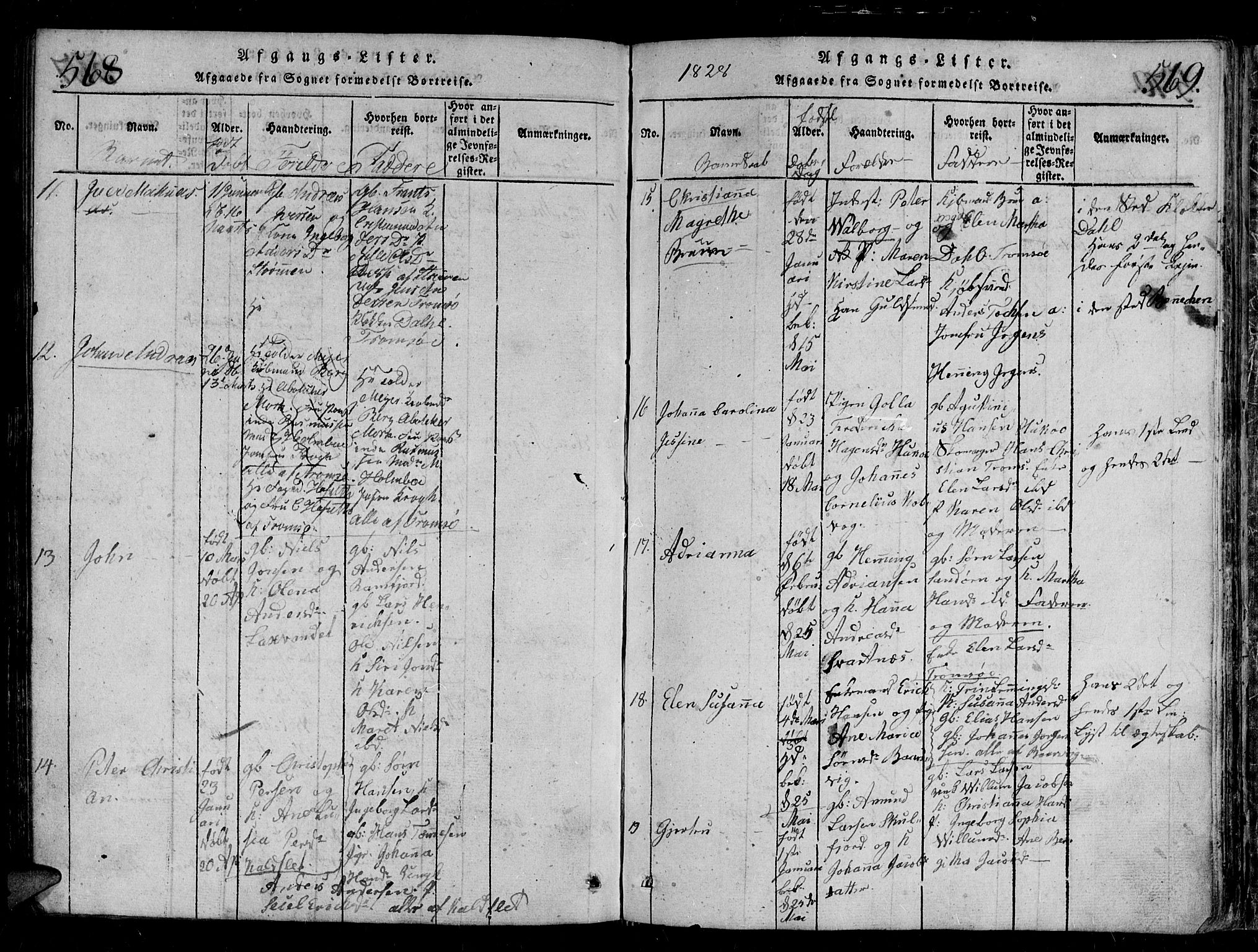 Tromsø sokneprestkontor/stiftsprosti/domprosti, AV/SATØ-S-1343/G/Gb/L0001klokker: Parish register (copy) no. 1, 1821-1833, p. 568-569