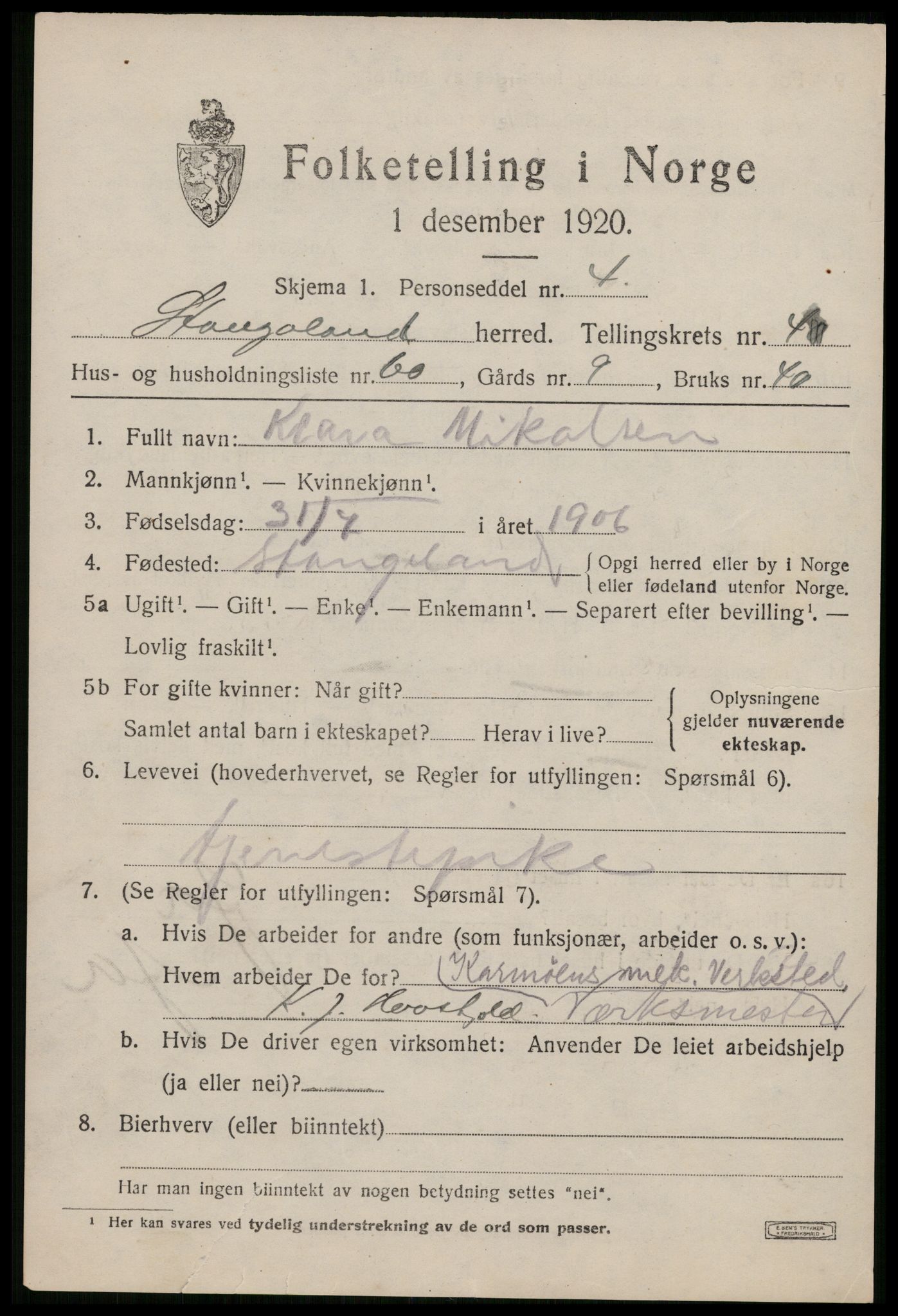 SAST, 1920 census for Stangaland, 1920, p. 3667