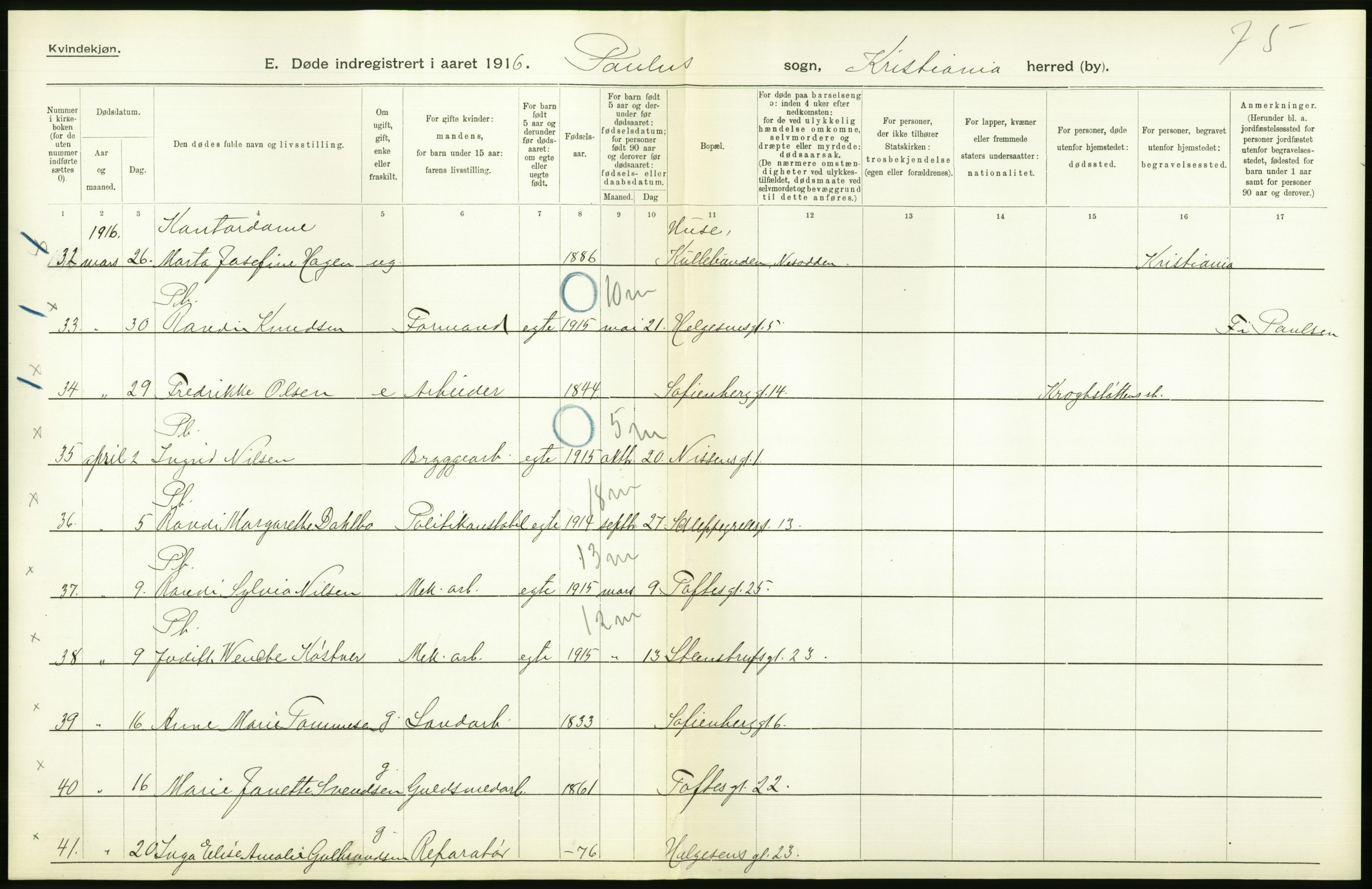 Statistisk sentralbyrå, Sosiodemografiske emner, Befolkning, AV/RA-S-2228/D/Df/Dfb/Dfbf/L0009: Kristiania: Døde., 1916, p. 10