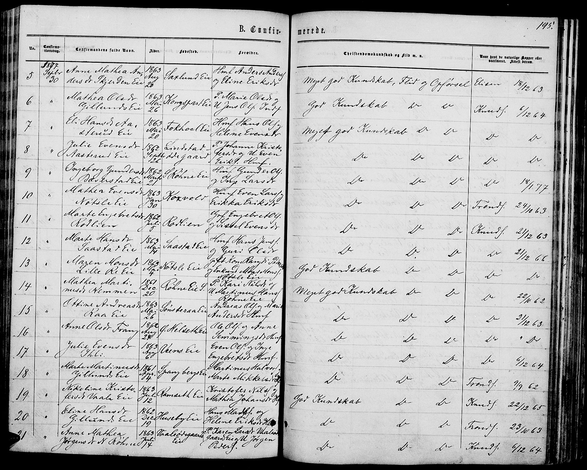 Stange prestekontor, AV/SAH-PREST-002/L/L0006: Parish register (copy) no. 6, 1864-1882, p. 195