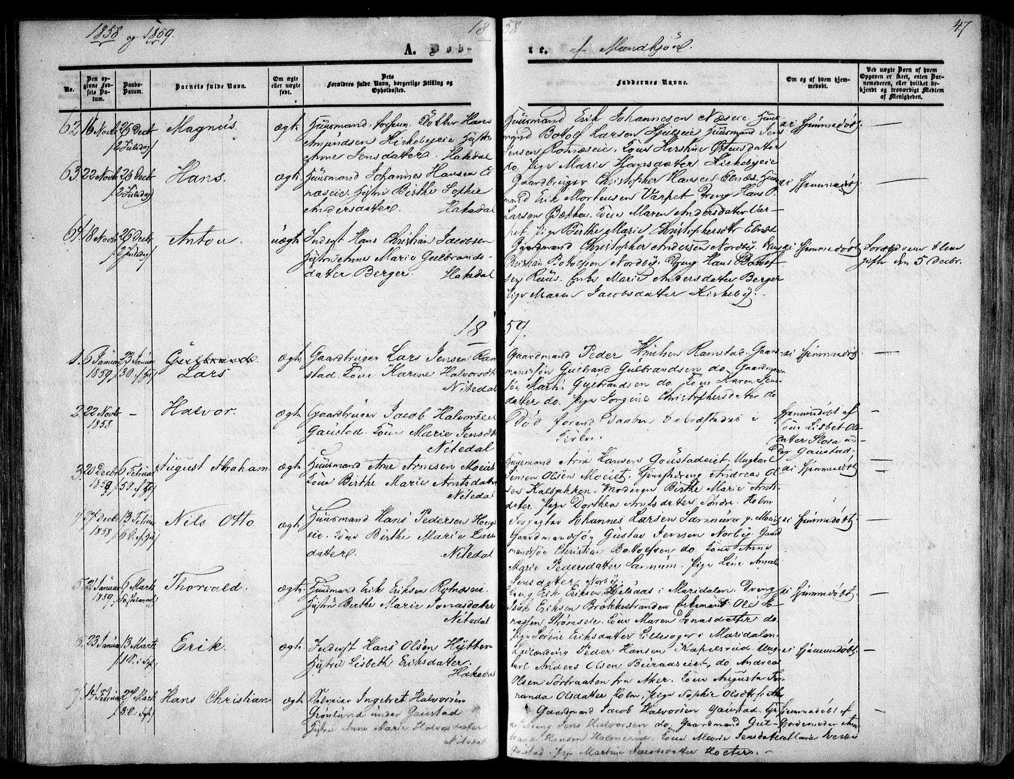 Nittedal prestekontor Kirkebøker, AV/SAO-A-10365a/F/Fa/L0005: Parish register (official) no. I 5, 1850-1862, p. 47