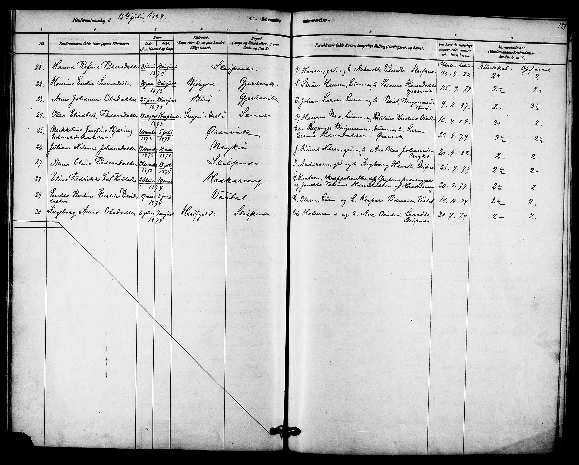 Ministerialprotokoller, klokkerbøker og fødselsregistre - Nordland, AV/SAT-A-1459/841/L0609: Parish register (official) no. 841A12, 1878-1901, p. 129