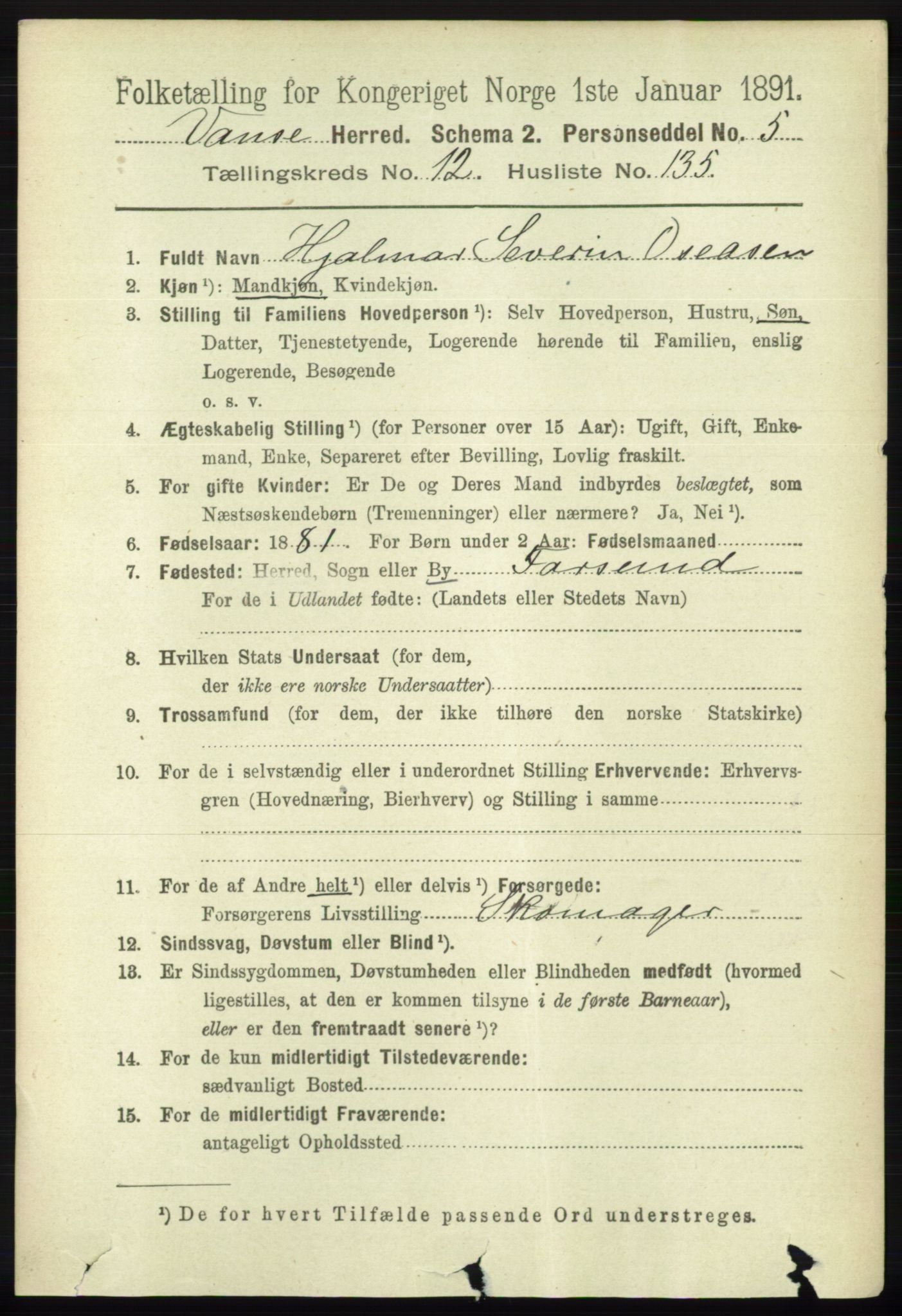 RA, 1891 census for 1041 Vanse, 1891, p. 7454