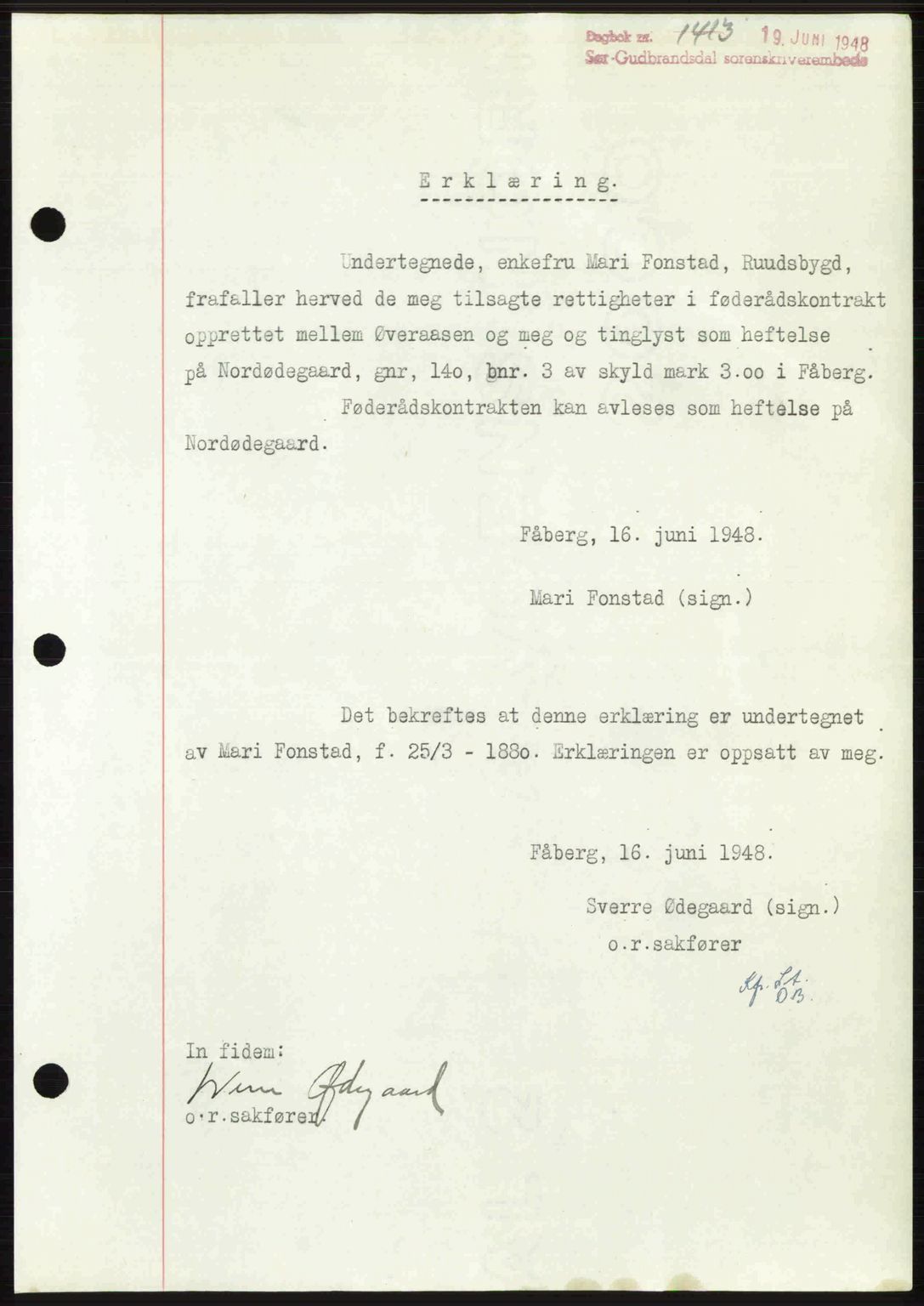 Sør-Gudbrandsdal tingrett, SAH/TING-004/H/Hb/Hbd/L0022: Mortgage book no. A22, 1948-1948, Diary no: : 1413/1948
