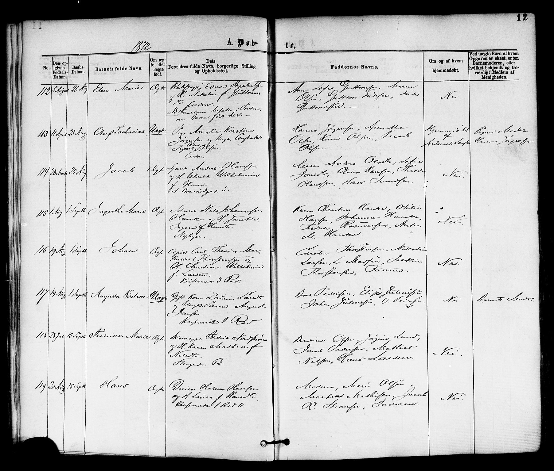 Horten kirkebøker, AV/SAKO-A-348/F/Fa/L0002: Parish register (official) no. 2, 1872-1877, p. 12
