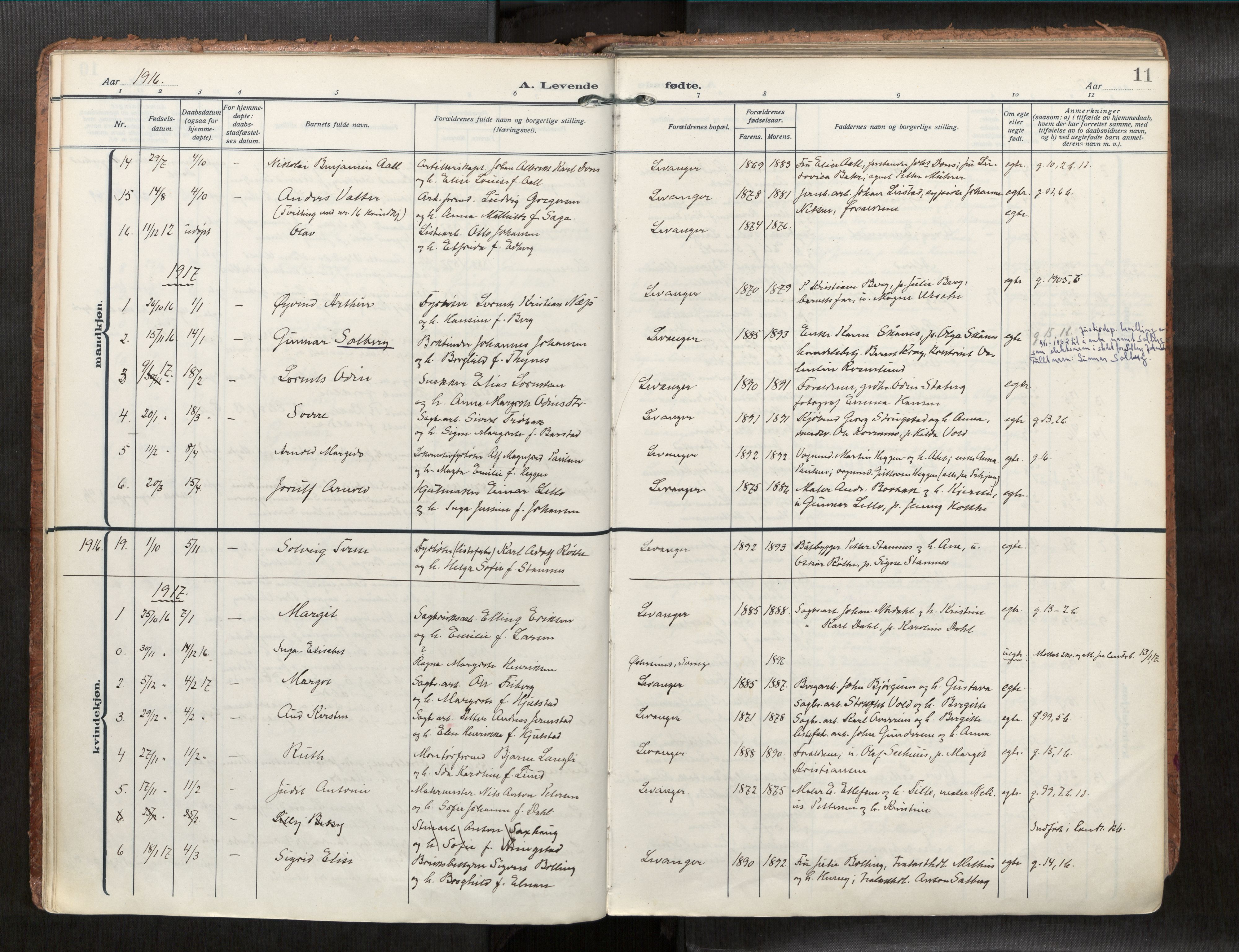 Levanger sokneprestkontor, SAT/A-1301/2/H/Haa/L0001: Parish register (official) no. 1, 1912-1932, p. 11