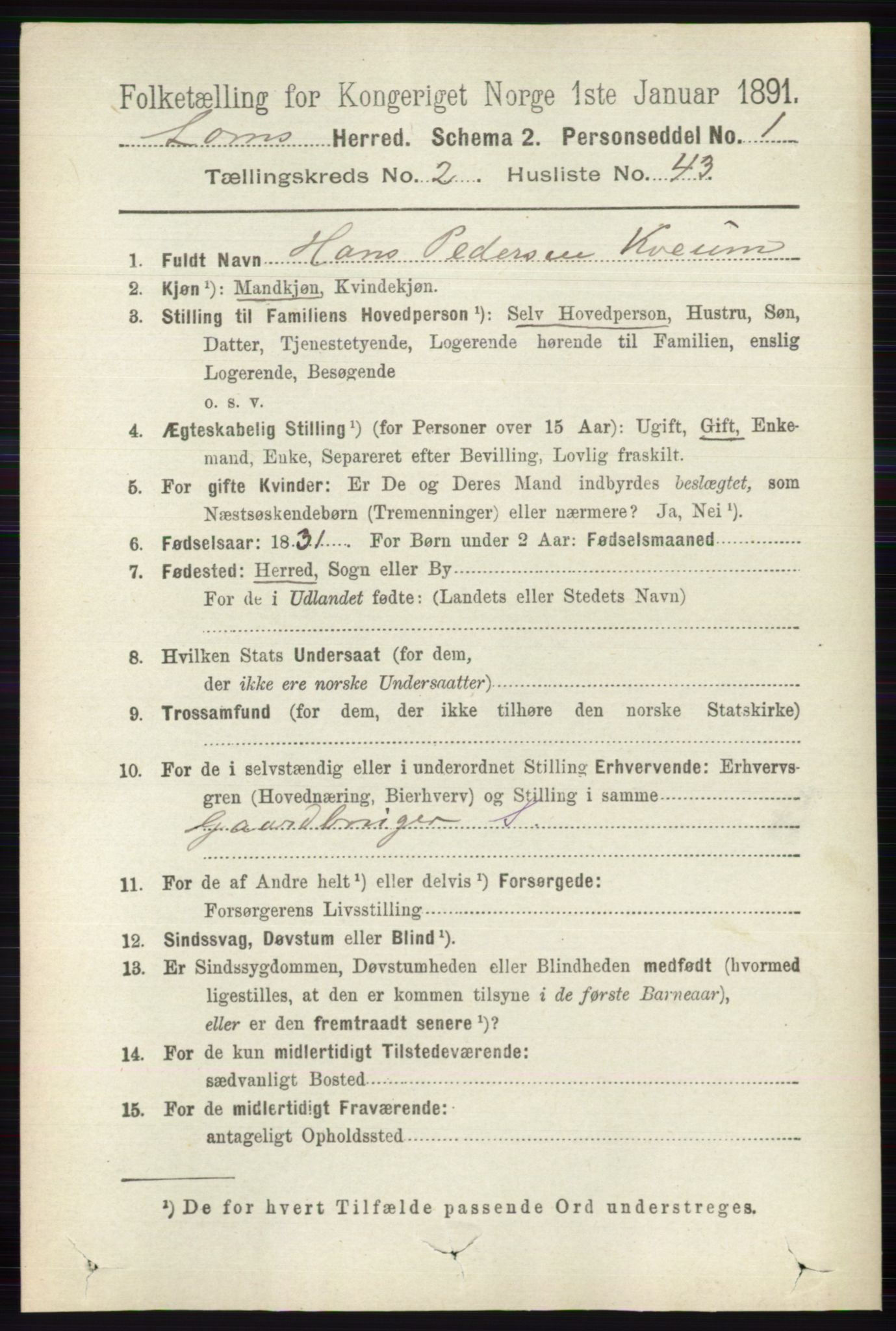 RA, 1891 census for 0514 Lom, 1891, p. 1078