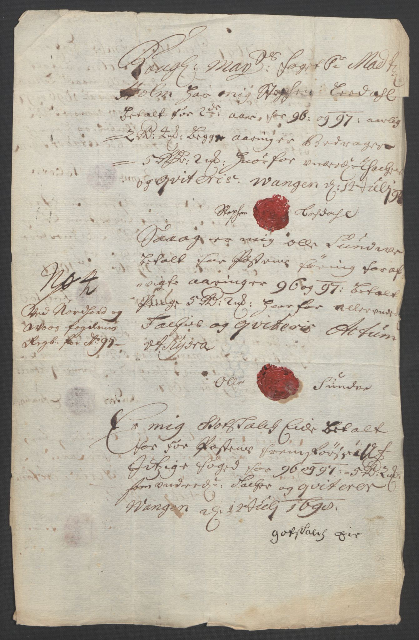 Rentekammeret inntil 1814, Reviderte regnskaper, Fogderegnskap, AV/RA-EA-4092/R51/L3183: Fogderegnskap Nordhordland og Voss, 1695-1697, p. 461